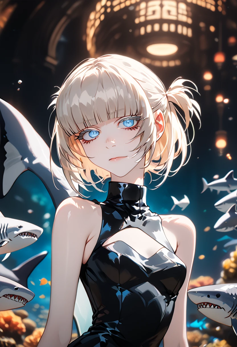 Anime style, 1 girl, 1 sexy girl, white pale skinned girl, porcelain skin, blue eyes, (HAIR: light blonde straight cut, long length, full bangs covering eyebrows, side framing fringe ) (BODY: half shark girl, neck gills, arm fins, dorsal shark fin )(best quality, 4k, 8k, highres, masterpiece:1.2), ultra-detailed, HDR, UHD, studio lighting, ultra-fine painting, sharp focus, physically-based rendering, extreme detail description, professional, vivid colors, bokeh, underwater, score_9, score_8_up, score_9_up, source_anime