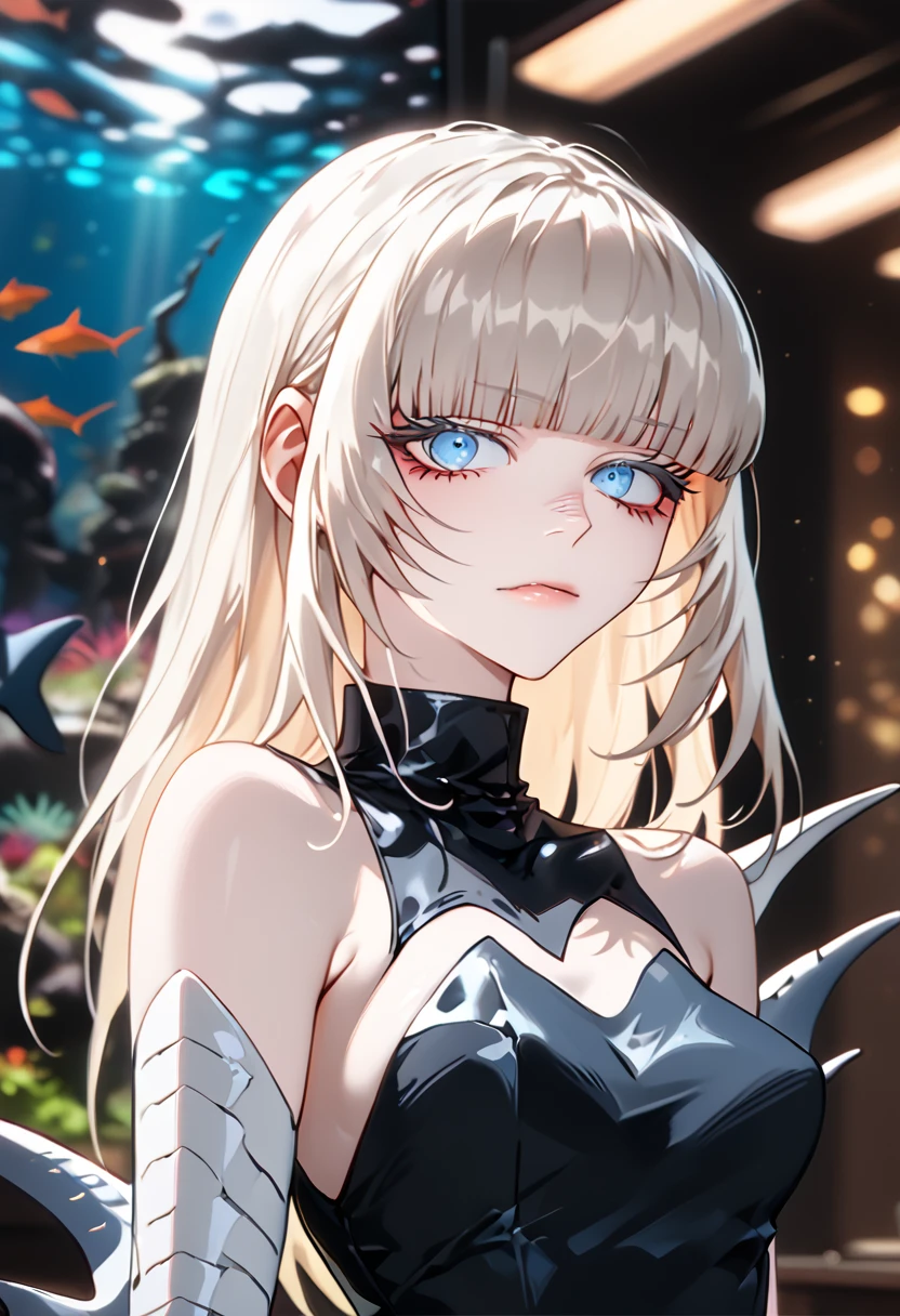 Anime style, 1 girl, 1 sexy girl, white pale skinned girl, porcelain skin, blue eyes, (HAIR: light blonde straight cut, long length, full bangs covering eyebrows, side framing fringe ) (BODY: half shark girl, neck gills, arm fins, dorsal shark fin )(best quality, 4k, 8k, highres, masterpiece:1.2), ultra-detailed, HDR, UHD, studio lighting, ultra-fine painting, sharp focus, physically-based rendering, extreme detail description, professional, vivid colors, bokeh, underwater, score_9, score_8_up, score_9_up, source_anime