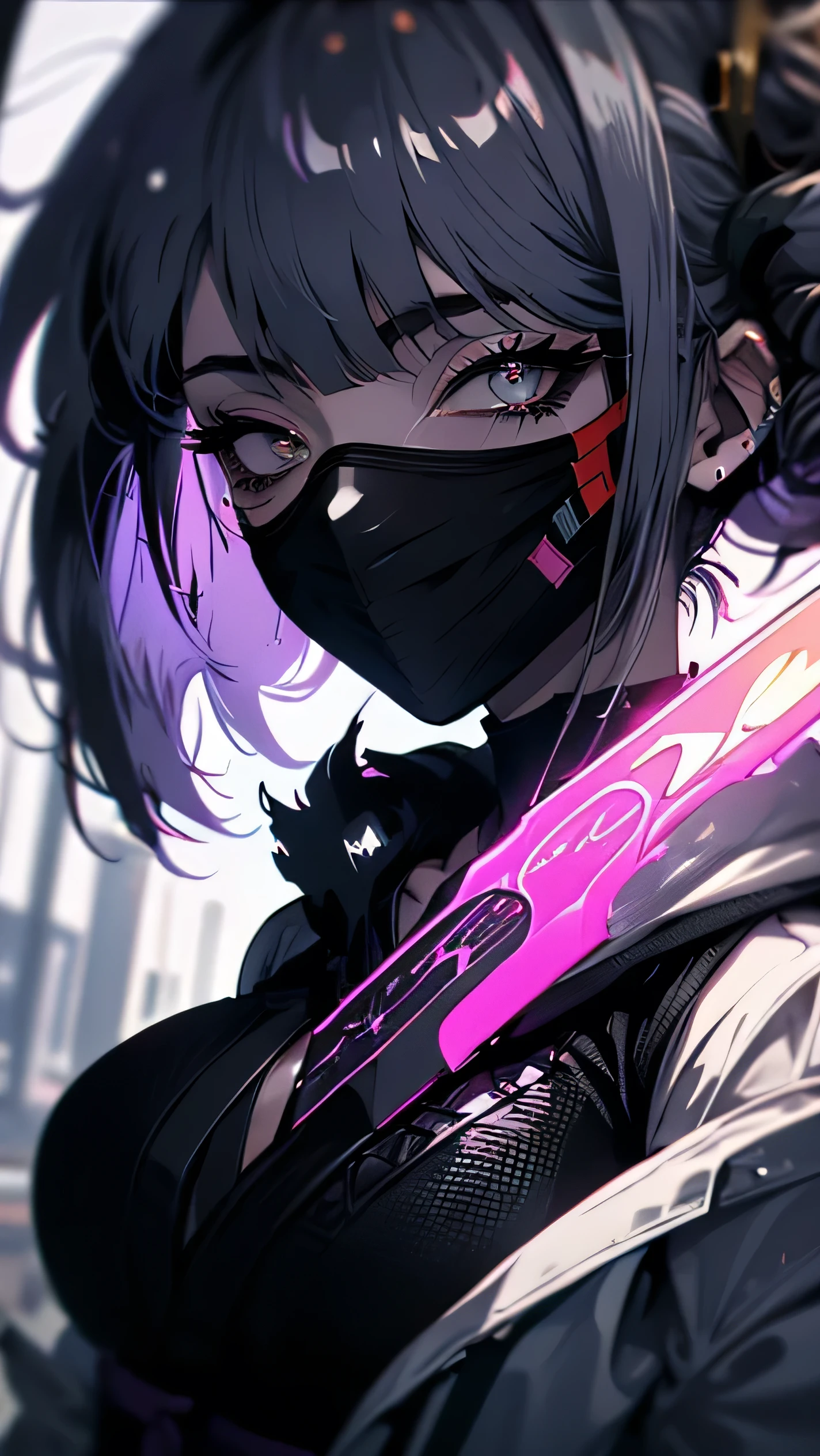 8k,masterpiece,best quality, ((( silhouette art:1.4))), a stylish and sexy ninja hoodie that shows off her cleavage and thighs, (Double Exposure:1.3), Bright violet and silver hair with pink streaked, Japanese garden with bamboo grove,wields an infernal Grim Reaper's huge scythe to hunt souls,Blue Moon, (close-up), a female ninja with one eye covered with a black cloth like an eyepatch,Japanese neon that shines in pink and purple is reflected in a puddle.,mid-night