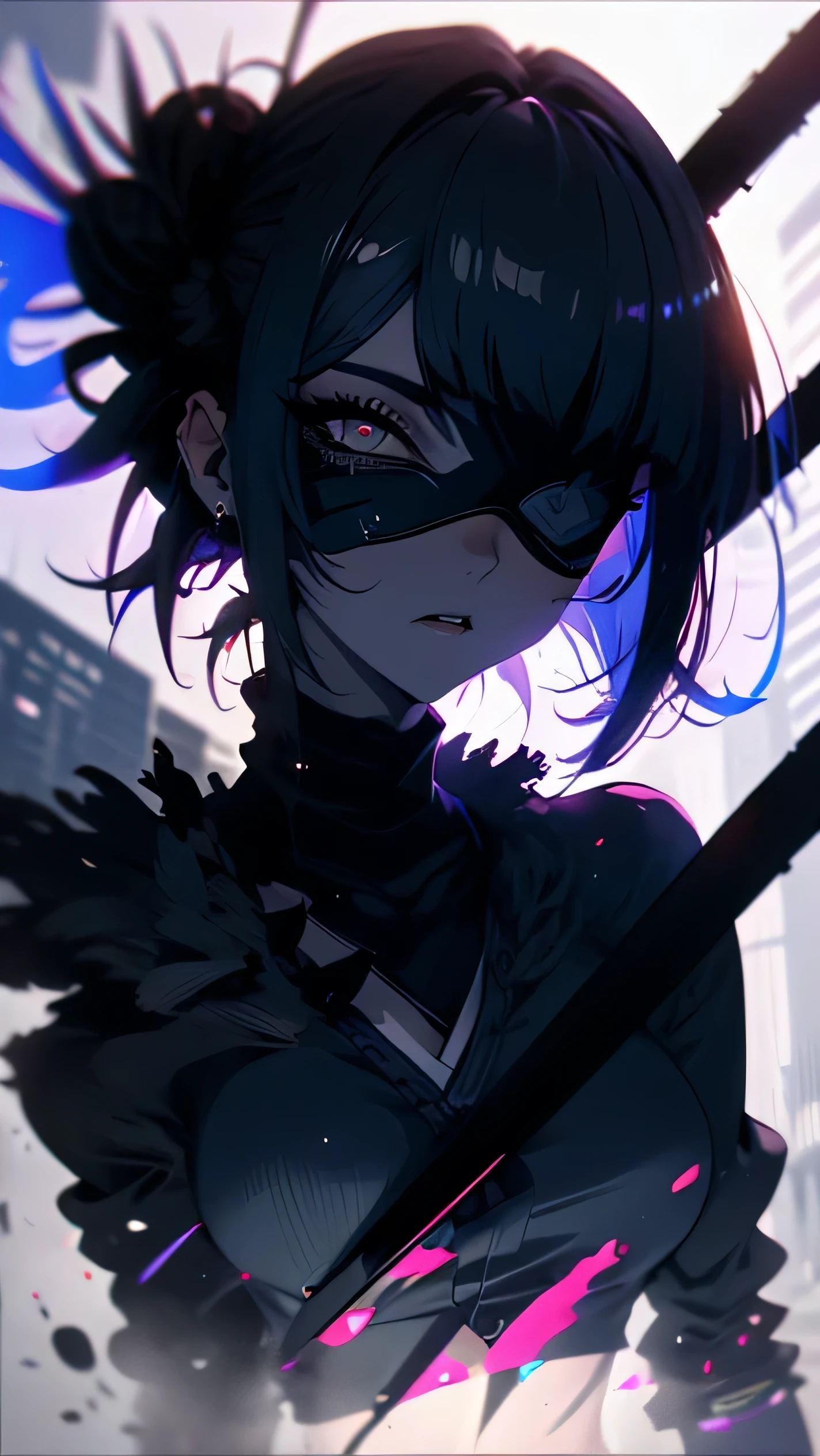 8k,masterpiece,best quality, ((( silhouette art:1.4))), a stylish and sexy ninja hoodie that shows off her cleavage and thighs, (Double Exposure:1.3), Bright violet and silver hair with pink streaked, Japanese garden with bamboo grove,wields an infernal Grim Reaper's huge scythe to hunt souls,Blue Moon, (close-up), a female ninja with one eye covered with a black cloth like an eyepatch,Japanese neon that shines in pink and purple is reflected in a puddle.,mid-night