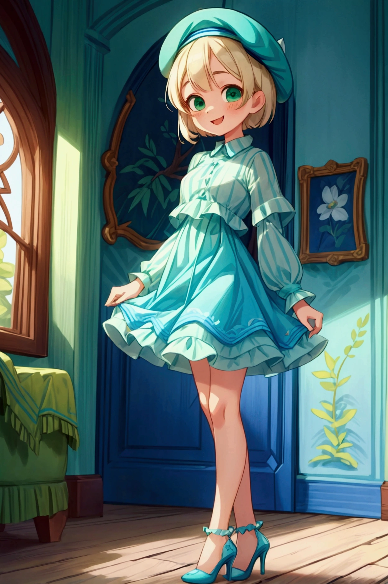 (masterpiece, best quality) 1 girl (Landscape: standing, indoor, intricate detail, sunlight) (Outfit: blue and green frilly striped dress long sleeves, blue short sleeve t-shirt over the dress, high heels, beret) (Body: white blonde short hair, green eyes, teen gorgeous body, gorgeous legs, lovely, pronounced big breast, smiling