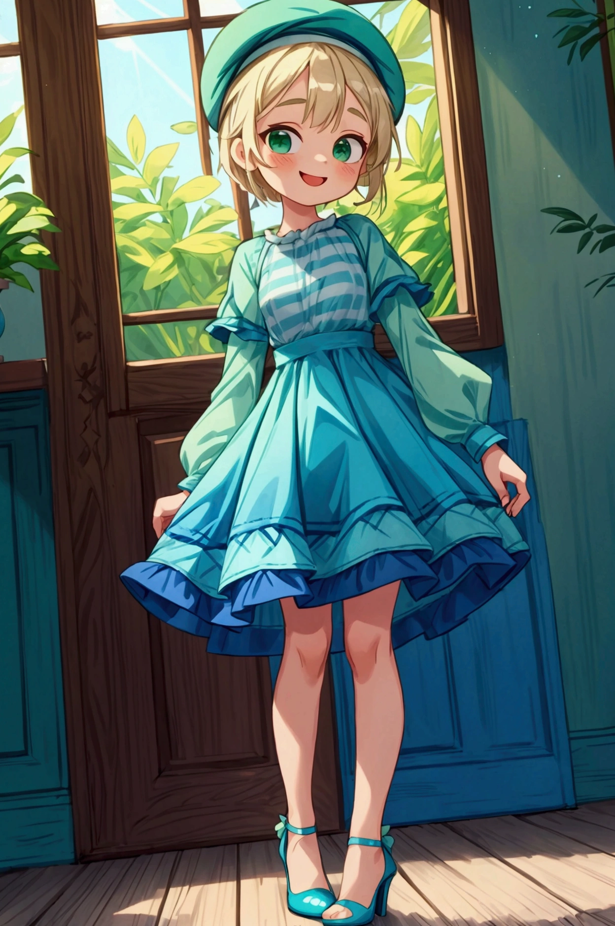 (masterpiece, best quality) 1 girl (Landscape: standing, indoor, intricate detail, sunlight) (Outfit: blue and green frilly striped dress long sleeves, blue short sleeve t-shirt over the dress, high heels, beret) (Body: white blonde short hair, green eyes, teen gorgeous body, gorgeous legs, lovely, pronounced big breast, smiling