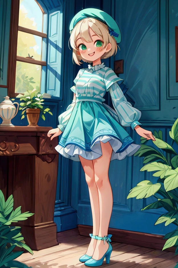 (masterpiece, best quality) 1 girl (Landscape: standing, indoor, intricate detail, sunlight) (Outfit: blue and green frilly striped dress long sleeves, blue short sleeve t-shirt over the dress, high heels, beret) (Body: white blonde short hair, green eyes, teen gorgeous body, gorgeous legs, lovely, pronounced big breast, smiling