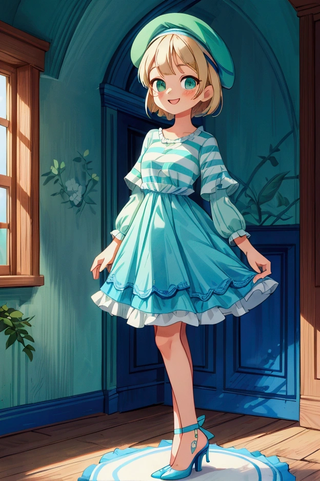 (masterpiece, best quality) 1 girl (Landscape: standing, indoor, intricate detail, sunlight) (Outfit: blue and green frilly striped dress long sleeves, blue short sleeve t-shirt over the dress, high heels, beret) (Body: white blonde short hair, green eyes, teen gorgeous body, gorgeous legs, lovely, pronounced big breast, smiling