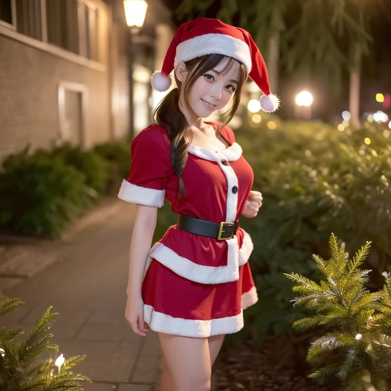 ( realistic ),((((Full body photography))))、(((( shot from the front)))),(( ( 1 girl))),  perfect body ,(( Christmasの夜景)), (((  viewers who stop at the edge ))), ( small breasts:1.1),  long hair,Default Lyn with hands on back , DeepL in brightly colored clothes  ,smile, slender body ,((23 years old):1.3), (( Ponytail)), top quality,( Santa Kos),  RAW photo,  realistic , baby face,cute,  tamago cloth ,  Details, Very  Details, extremely  Details eye and 顔,  sharp pupils, Highly focused ,( movie lighting),(( shot from the front)),Full body photography,(((Full body photography))),,((( looking at camera))),(( Christmasのコスチューム)),(( mini skirt Santa )),((Santa Girl)),((( Christmas))),((( Christmasデコレーションの街並み))), ((( Christmasイルミネーション)))、