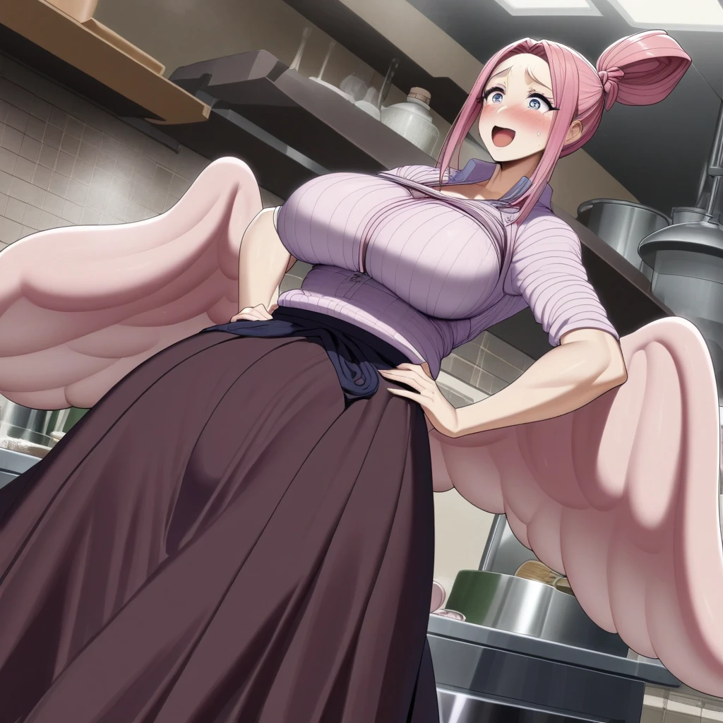 Anime, high detailed, 1 woman, Mature woman, big breasts, curvy beauty, Wearing a pink bra, thin wings, long skirt, enormous long hair, pink hair, Top ponytail (( tied on top, like a topknot)), exasperation expression, in a kitchen, hands on hips, a bottle of Sake shoved inside her skirt, tail