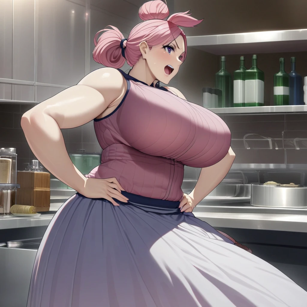 Anime, high detailed, 1 woman, Mature woman, big breasts, curvy beauty, Wearing a pink bra, thin wings, long skirt, enormous long hair, pink hair, Top ponytail (( tied on top, like a topknot)), exasperation expression, in a kitchen, hands on hips, a bottle of Sake shoved inside her skirt, tail