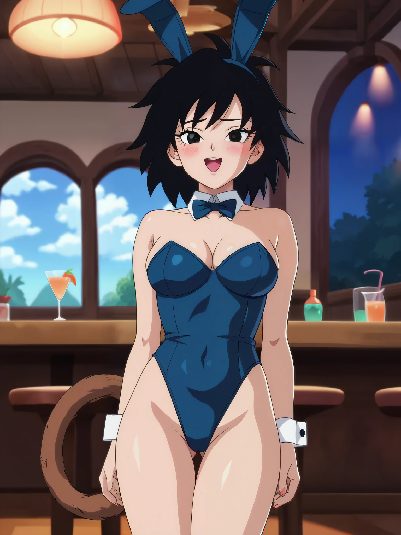 source_anime, score_9, score_8_up, score_7_up, anime screencap, absurd res, official style, gine, black hair, medium hair, spiked hair, happy, blushing, black eyes, playboy bunny, mansion, indoors, tail through clothes, monkey tail, looking at the viewer