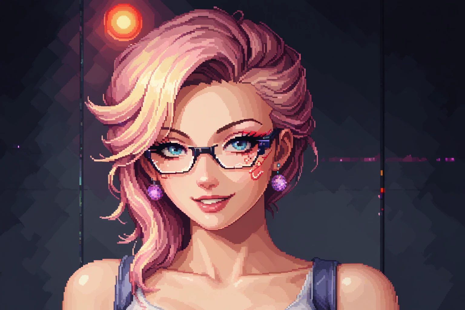 Place a frontal girl with a striking hairstyle and very technological cyberpunk style glasses with neon illuminated parts smiling and modern Tokyo outfit, Remove the letters written on the lens, change the colors and add neon lights, change the style of the glasses, change the generated hairstyle, change the clothes to a Tokyo style, zoom out the character by 20%, everything must have a pixel art style, put a background of another color to contrast your hair