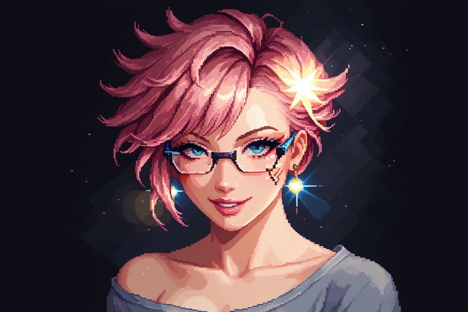 Place a frontal girl with a striking hairstyle and very technological cyberpunk style glasses with neon illuminated parts smiling and modern Tokyo outfit, Remove the letters written on the lens, change the colors and add neon lights, change the style of the glasses, change the generated hairstyle, change the clothes to a Tokyo style, zoom out the character by 20%, everything must have a pixel art style, put a background of another color to contrast your hair