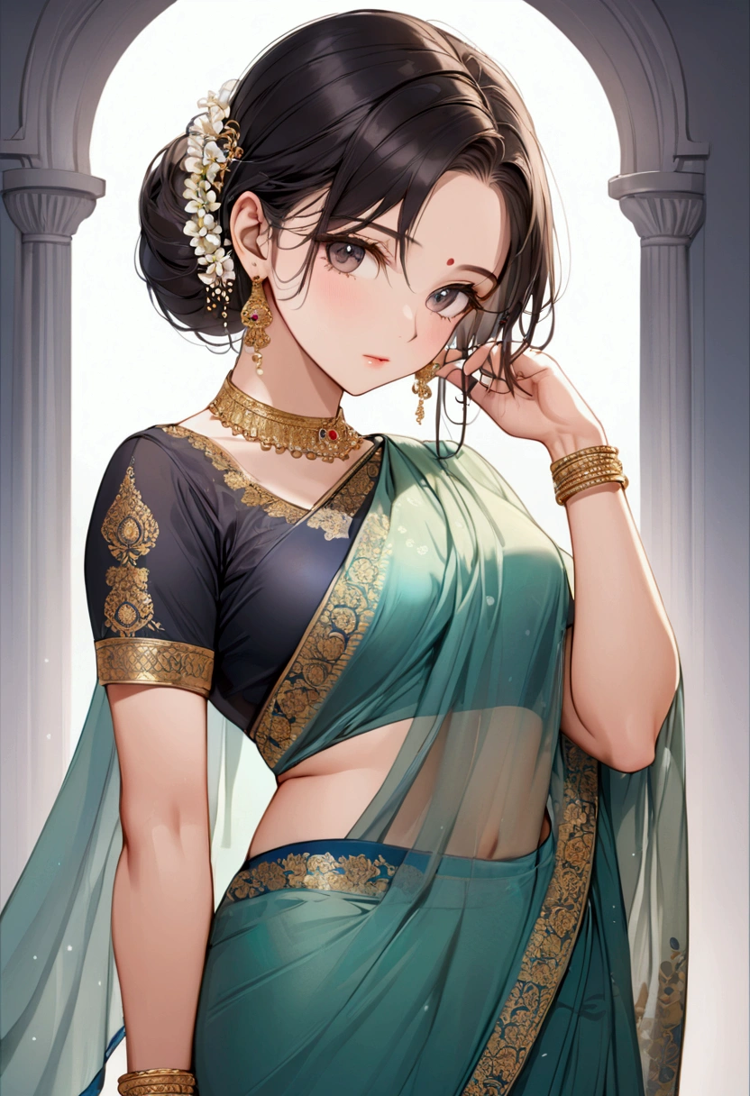 A seductive woman captivates in a stunning saree.