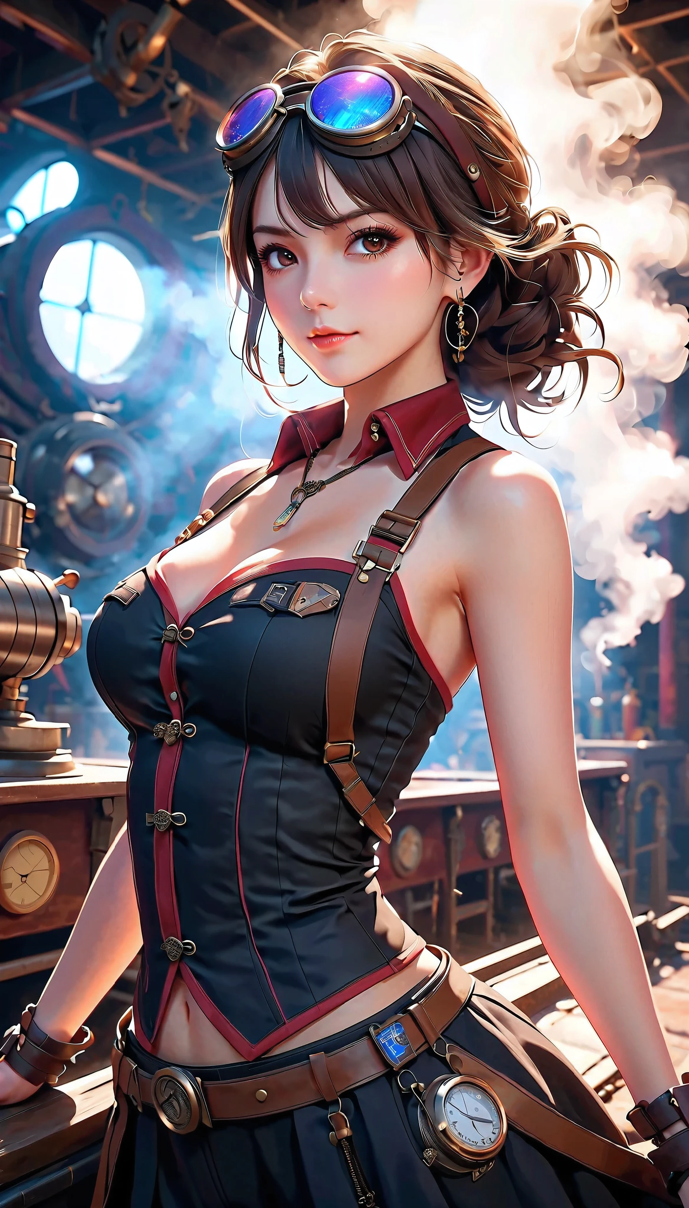  steampunk, beautiful female mechanic, \ atlus\,  best aesthetic performance , Steam that makes you imagine heat is erupting in the background,  A fascinating and glamorous world ,  cinematic lighting,  raytracing ,  raytracing ,  high detail, Afterimage, masterpiece,  top quality,  super detailed, 4K,  super high resolution, 8k