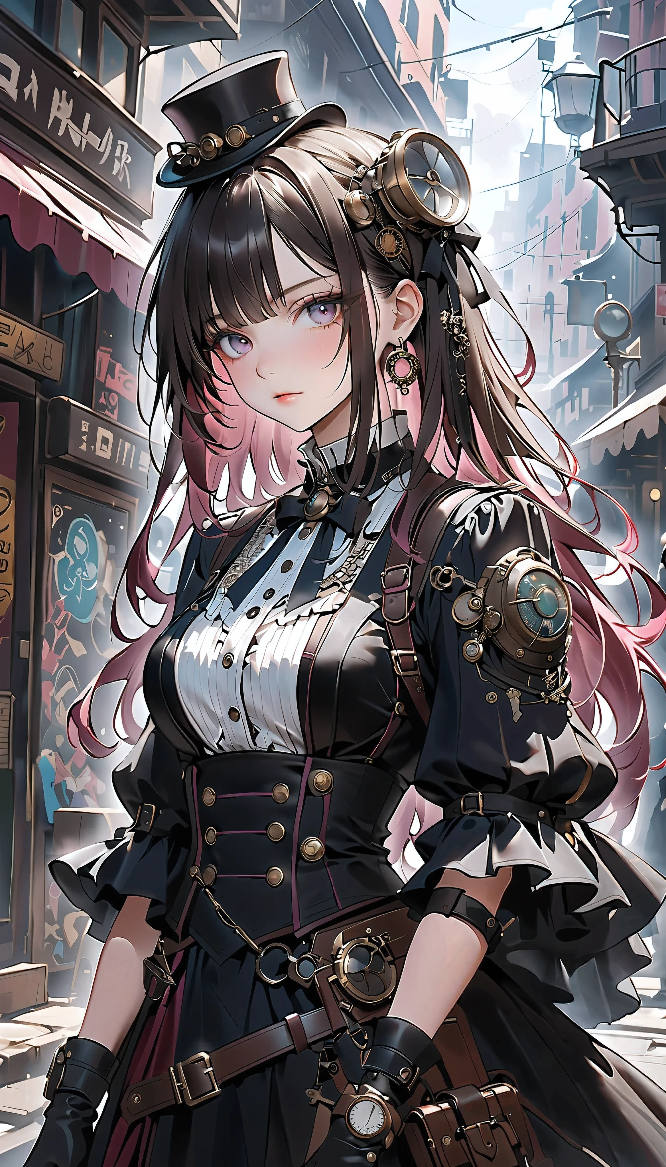  steampunk, beautiful female mechanic, \ atlus\,  best aesthetic performance , Steam that makes you imagine heat is erupting in the background,  A fascinating and glamorous world ,  cinematic lighting,  raytracing ,  raytracing ,  high detail, Afterimage, masterpiece,  top quality,  super detailed, 4K,  super high resolution, 8k