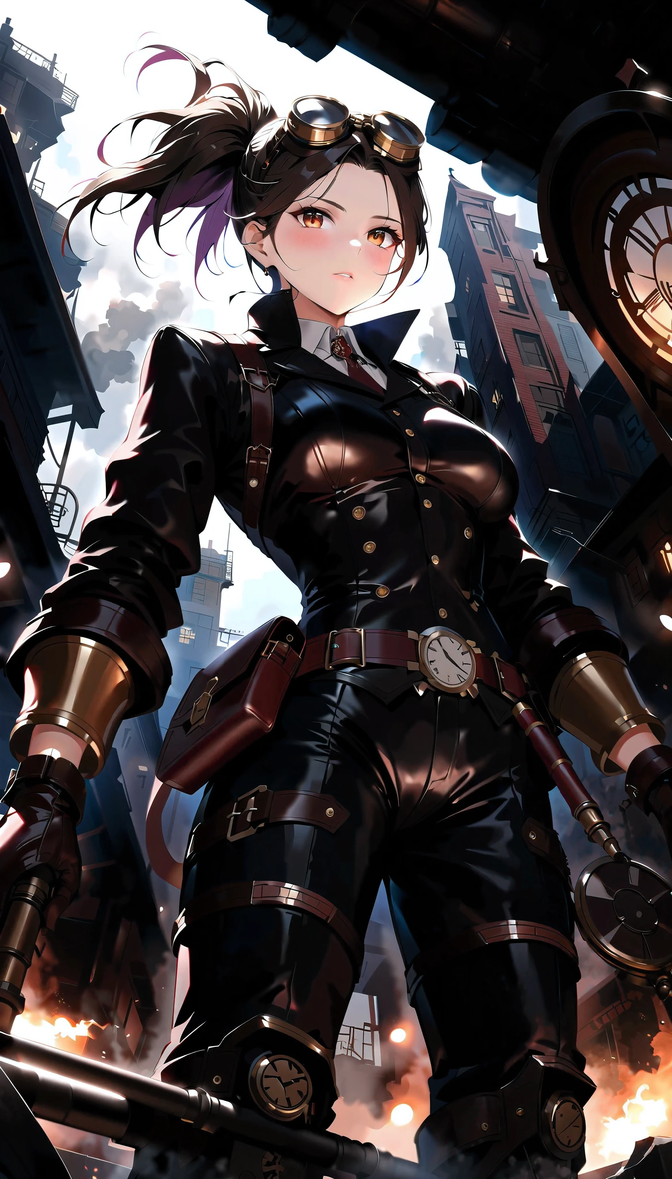  steampunk, beautiful female mechanic, \ atlus\,  best aesthetic performance , Steam that makes you imagine heat is erupting in the background,  A fascinating and glamorous world ,  cinematic lighting,  raytracing ,  raytracing ,  high detail, Afterimage, masterpiece,  top quality,  super detailed, 4K,  super high resolution, 8k