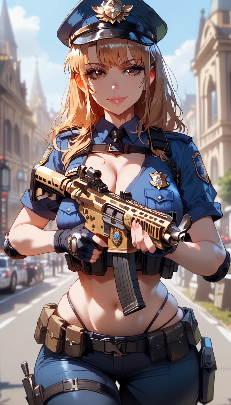 ultra-detailed, 1girl, solo, aika, ((masterpiece)), (best quality), (highres), 16K, long hair, peaked cap, wearing police uniform, fingerless gloves, tactical belt, knee pads, black thong, busty body, large breasts and a beautiful ass, showcasing cleavage, legs, hips, (holding assault rifle), looking at viewer, smile, detailed face, detailed hair, detailed whole body, street background