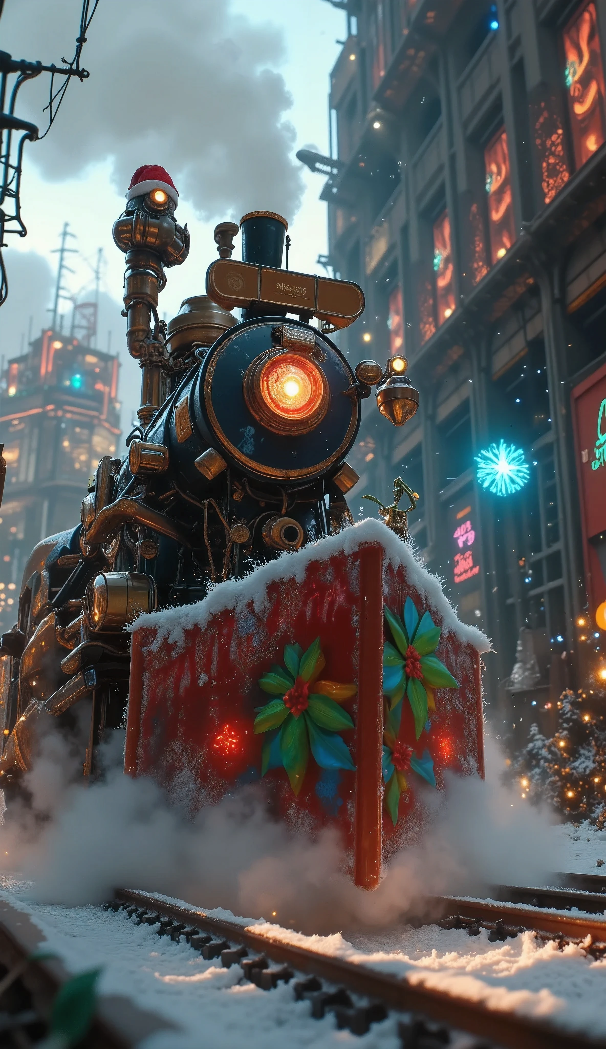 Steampunk Art, (side view, dynamic), shot from below, (Locomotive, ( Christmas Decorations , Psyllium lights ,  Christmas Color , Christmas graffiti"Merry Christmas")), ((Engineer, ( cyborg,  steam is leaking from the joint hose)), (station,  Steampunk City-Nation,) Steam production, 