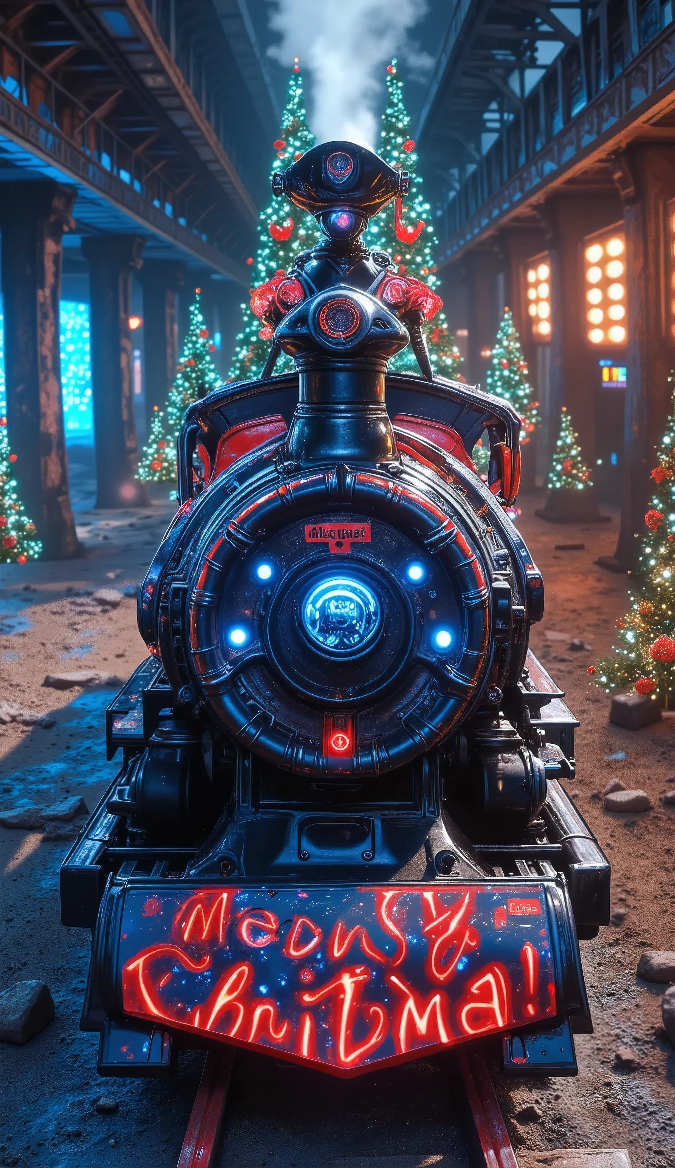 Steampunk Art, (side view, dynamic), shot from below, (Locomotive, ( Christmas Decorations , Psyllium lights ,  Christmas Color , Christmas graffiti"Merry Christmas")), ((Engineer, ( cyborg,  steam is leaking from the joint hose)), (station,  Steampunk City-Nation,) Steam production, 