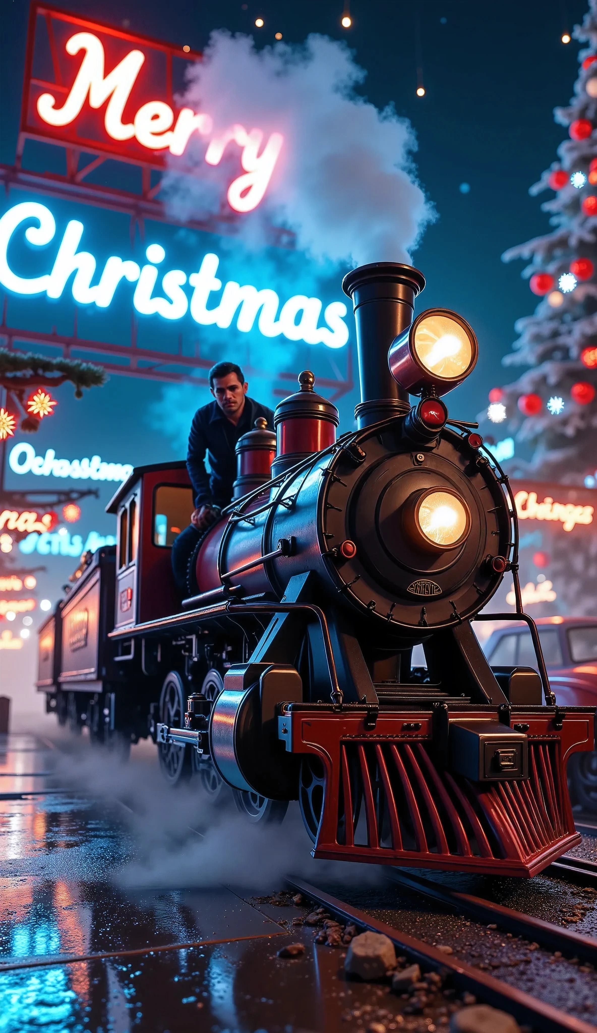 A steampunk art scene, side view, shot from below, a locomotive engineer riding a steam locomotive, text written on the locomotives, neon light text "merry Christmas", Christmas graffiti, colorful light displays, Christmas color decorations, Christmas-colored steam effects