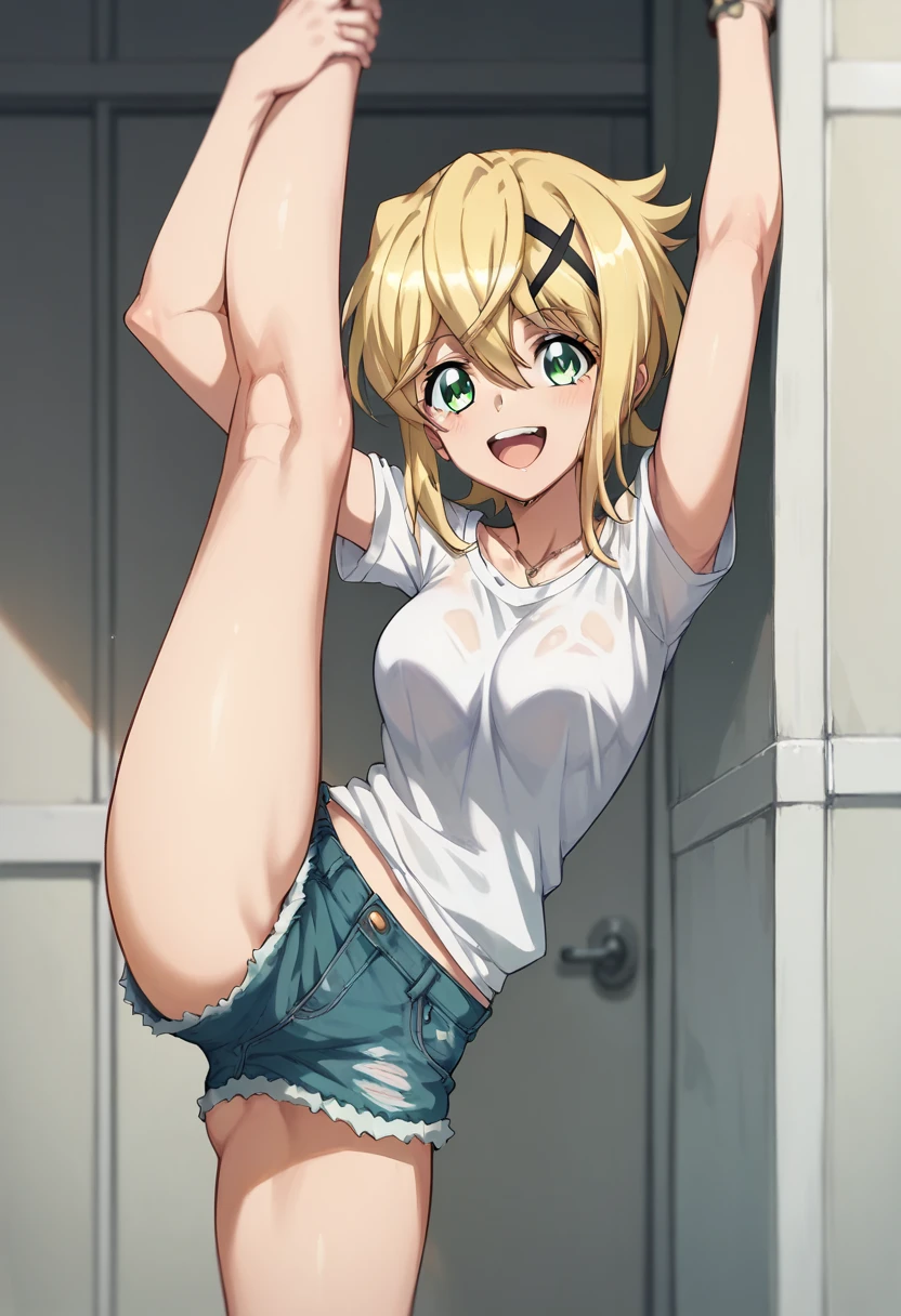 kirika akatsuki,standing split,1leg up,happy