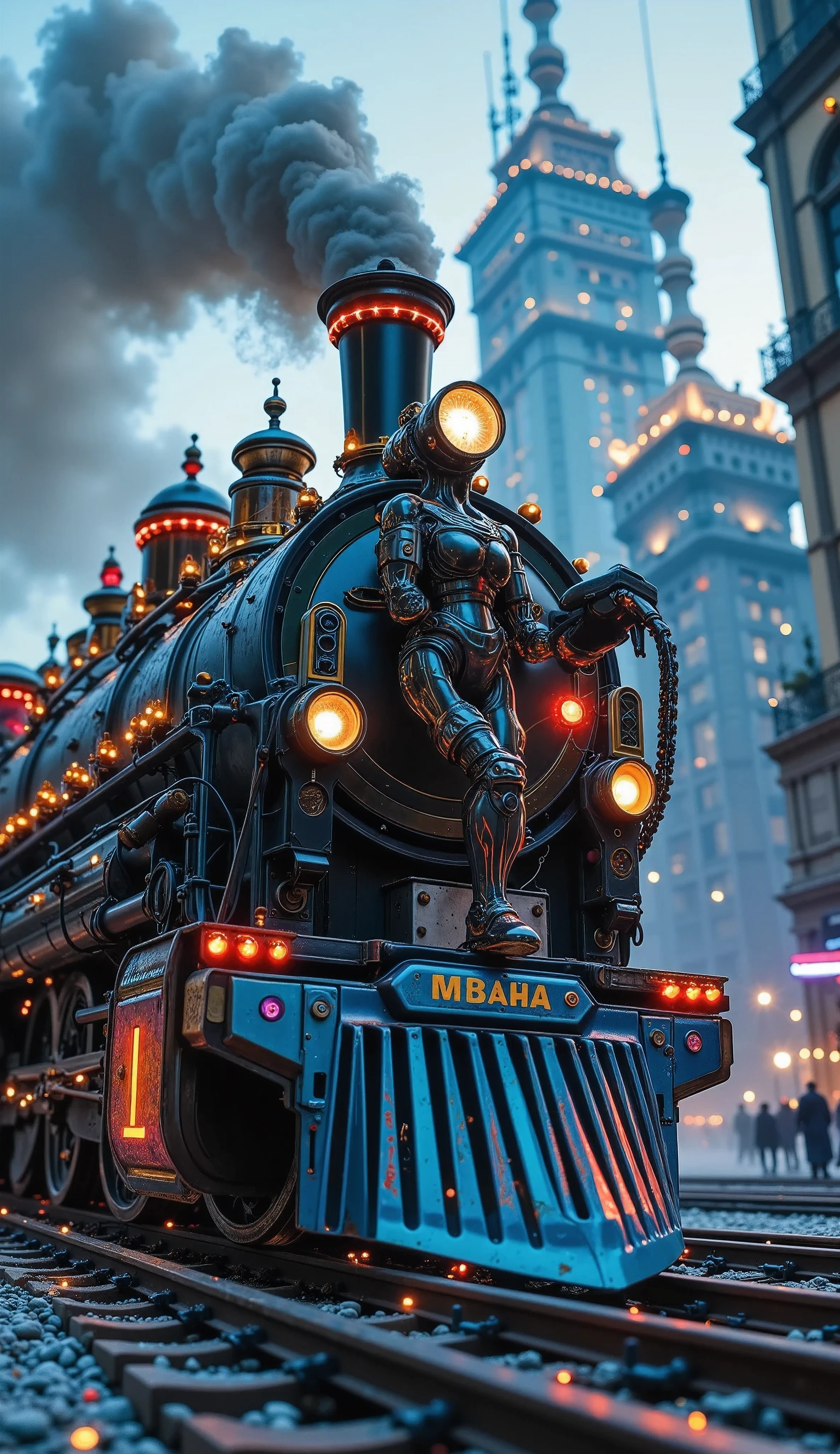 Steampunk Art, (side view, dynamic), shot from below, (Locomotive, ( Christmas Decorations , Psyllium lights ,  Christmas Color , Christmas graffiti"Merry Christmas")), ((Engineer, ( cyborg,  steam is leaking from the joint hose)), (station,  Steampunk City-Nation,) Steam production, 