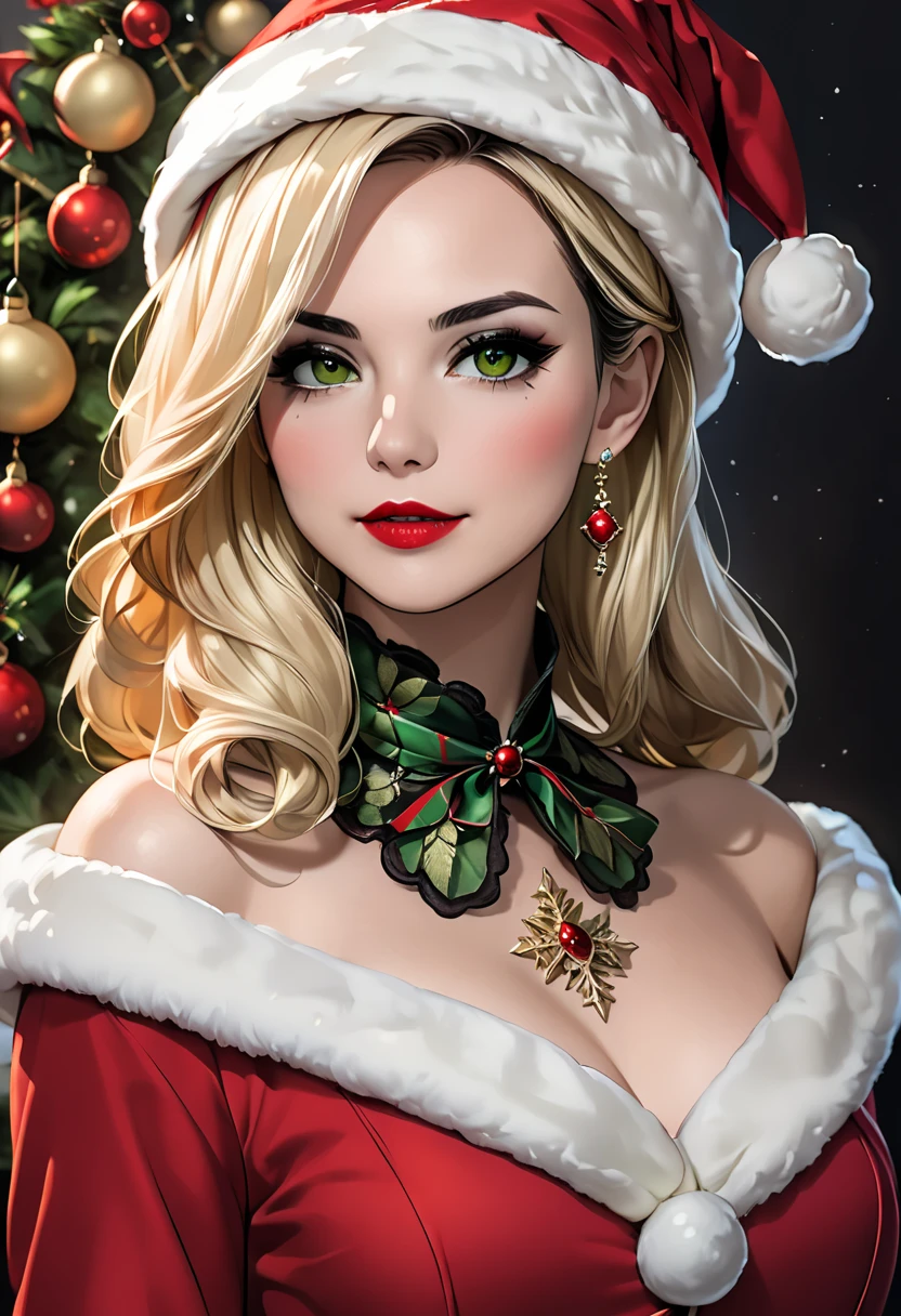 Realistic photo of a beautiful elegant lady, wearing a sexy grinch Christmas outfit, very sexy medium breasts, blue eyes, ultra-realistic blonde hair, Christmas atmosphere, anywhere, in any position