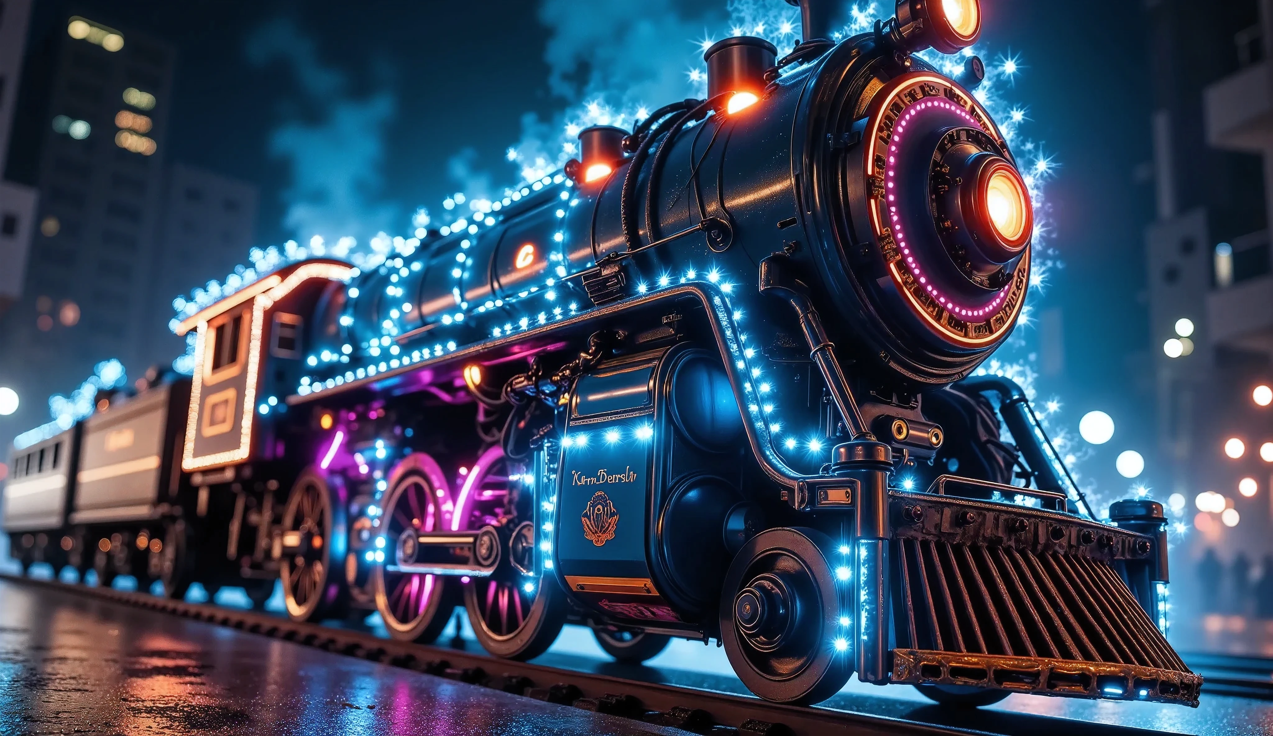 Steampunk Art, (side view, dynamic), shot from below, (Locomotive, ( Christmas Decorations , Psyllium lights ,  Christmas Color , Christmas graffiti, written text "Merry Christmas" by neon light paint)), ( The cyborg engineer is leaning forward, (Joints connected by hoses , Steam is leaking)), (station,  Steampunk City-Nation,) Steam production, 