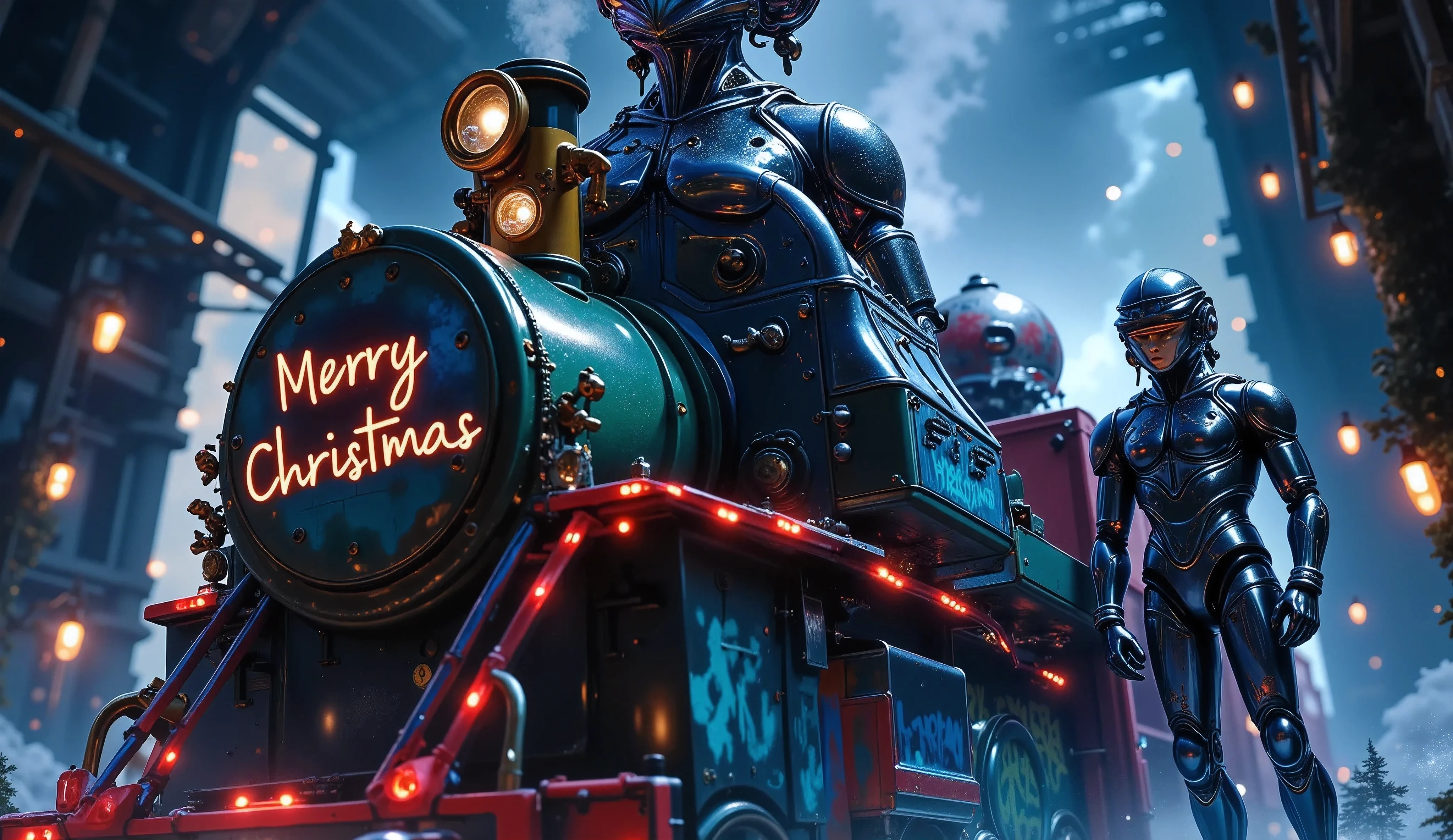 Steampunk Art, (side view, dynamic), shot from below, (Locomotive, ( Christmas Decorations , Psyllium lights ,  Christmas Color , Christmas graffiti"Merry Christmas")), ((Engineer, ( cyborg,  steam is leaking from the joint hose)), (station,  Steampunk City-Nation,) Steam production, 