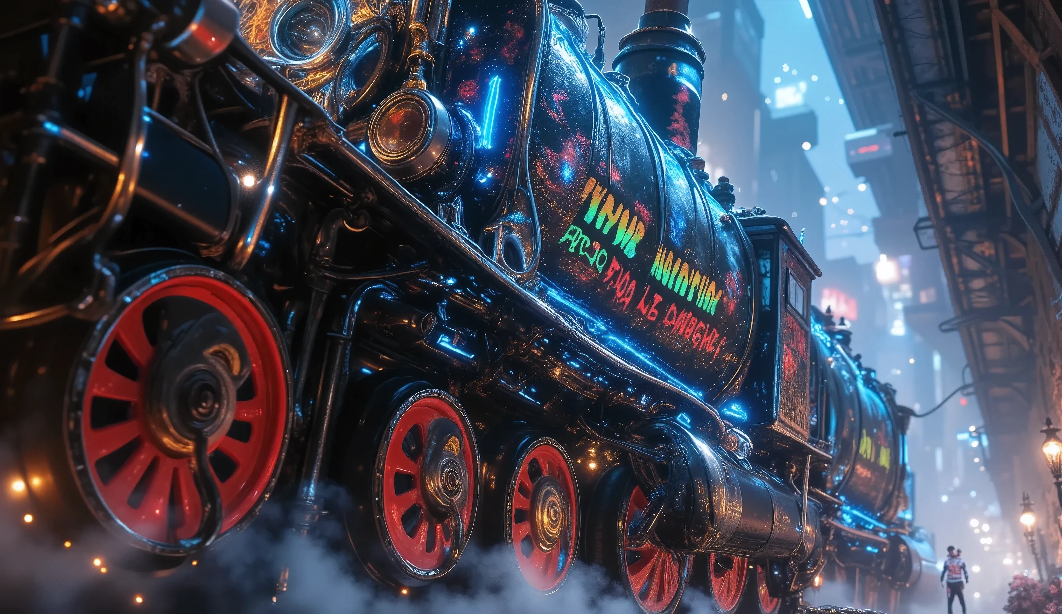 Steampunk Art, (side view, dynamic), shot from below, (Locomotive, ( Christmas Decorations , Psyllium lights ,  Christmas Color , Christmas graffiti"Merry Christmas")), ((Engineer, ( cyborg,  steam is leaking from the joint hose)), (station,  Steampunk City-Nation,) Steam production, 