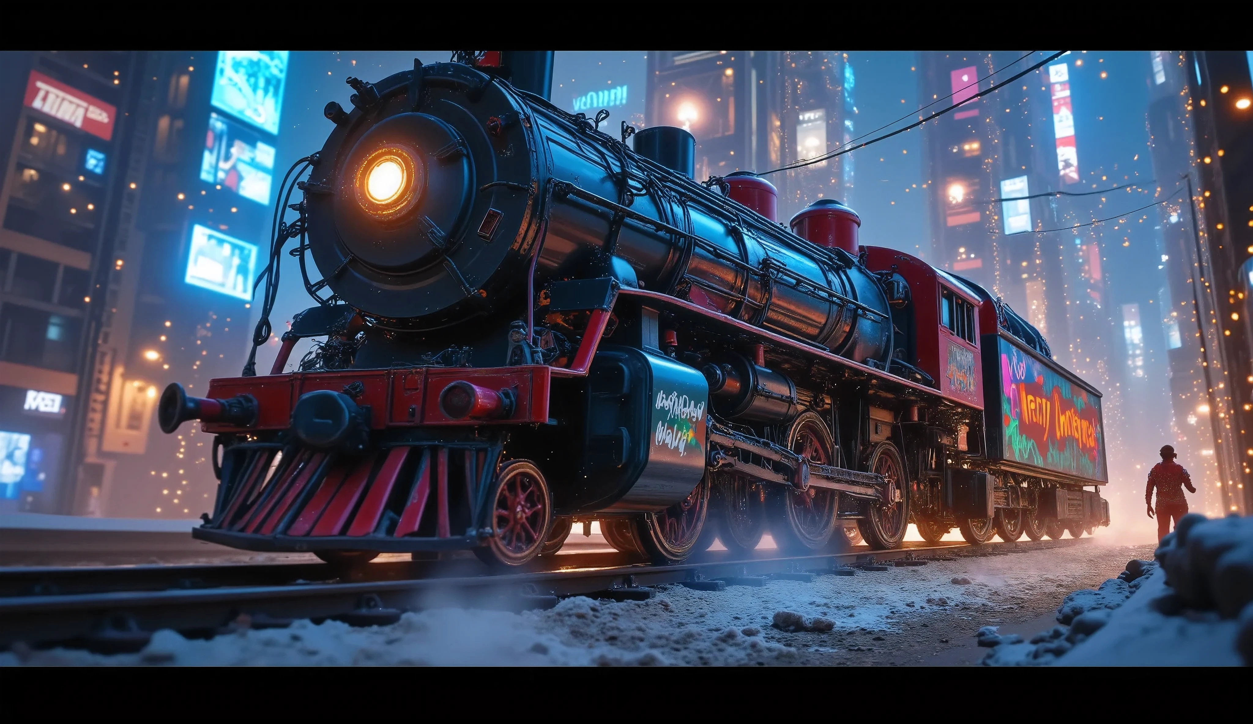 Steampunk Art, (side view, dynamic), shot from below, (Locomotive, ( Christmas Decorations , Psyllium lights ,  Christmas Color , Christmas graffiti"Merry Christmas")), ((Engineer, ( cyborg,  steam is leaking from the joint hose)), (station,  Steampunk City-Nation,) Steam production, 