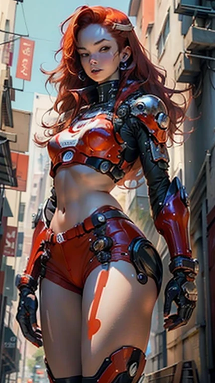 1gilr beautiful woman, cyberpunk metal robot machine red and white, bikini body suit, mixed metal robot octopus