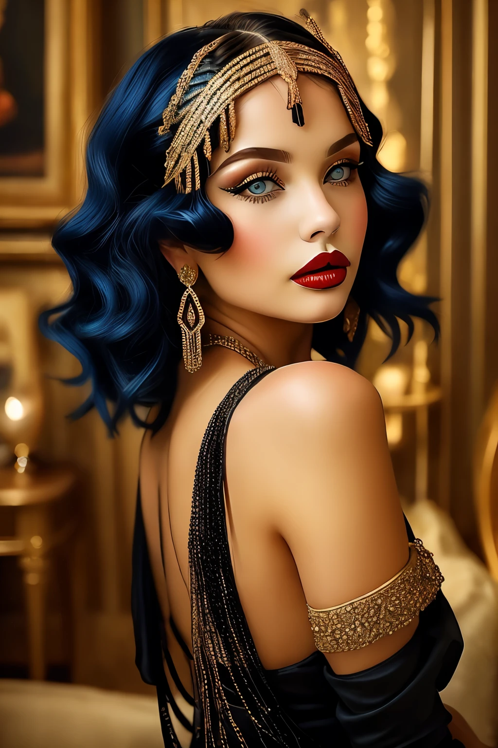 xcharleston style, 1girl, bellissima, solo, blue eyes, black hair, gloves, dress, jewelry, earrings, looking back, bracelet, lips, makeup, lipstick