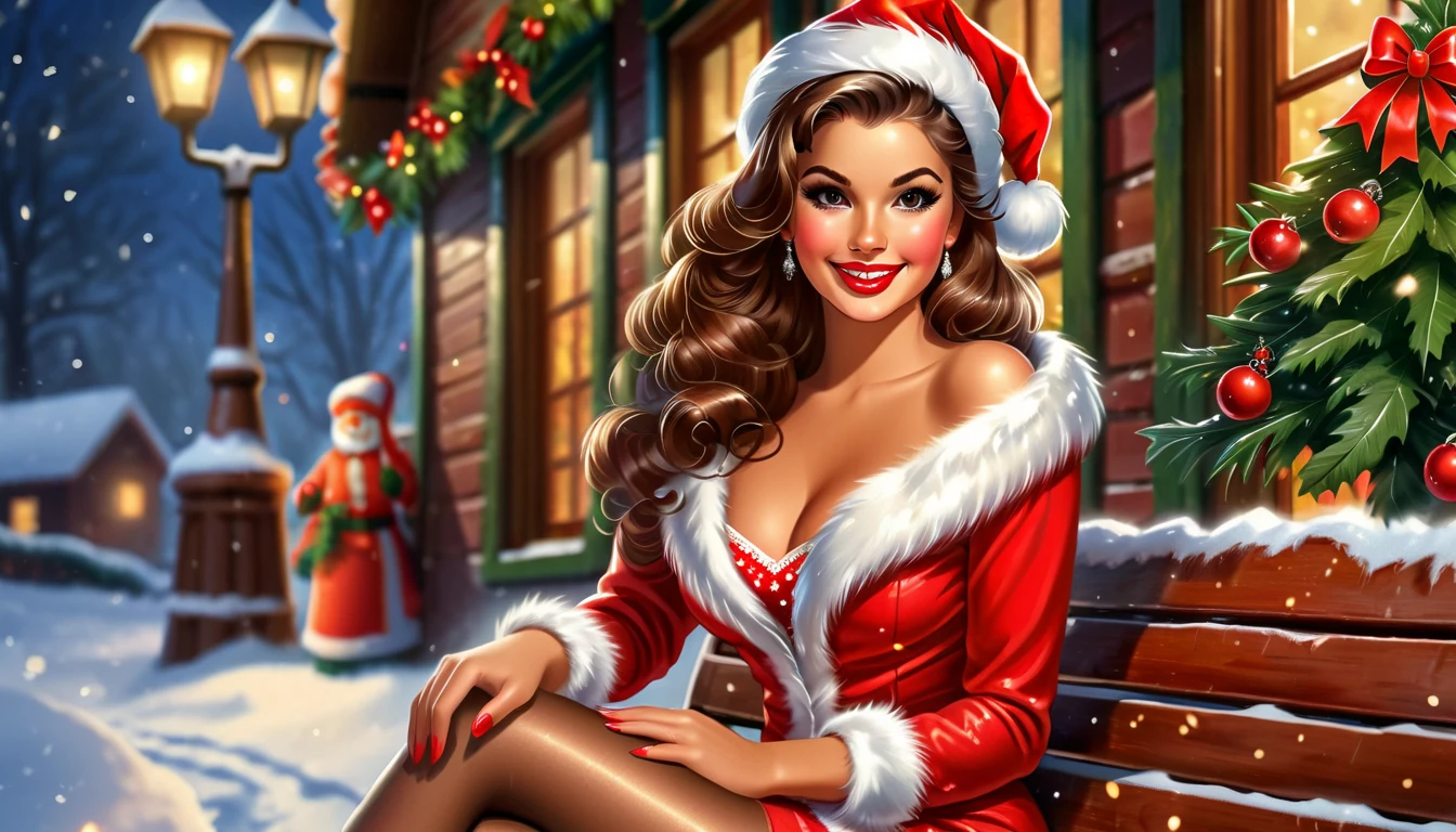 Vintage retro art printing of a seductive redhead woman, mischievous smile, long wavy hair, freckles, small breasts, lying down on a couch, long heavy sweater, dark intricate lingerie, hot cocoa, Christmas decorations, snow outside window, fireplace, in the art style of gil elvgren, award winning, masterpiece, dramatic lighting,beautiful digital art