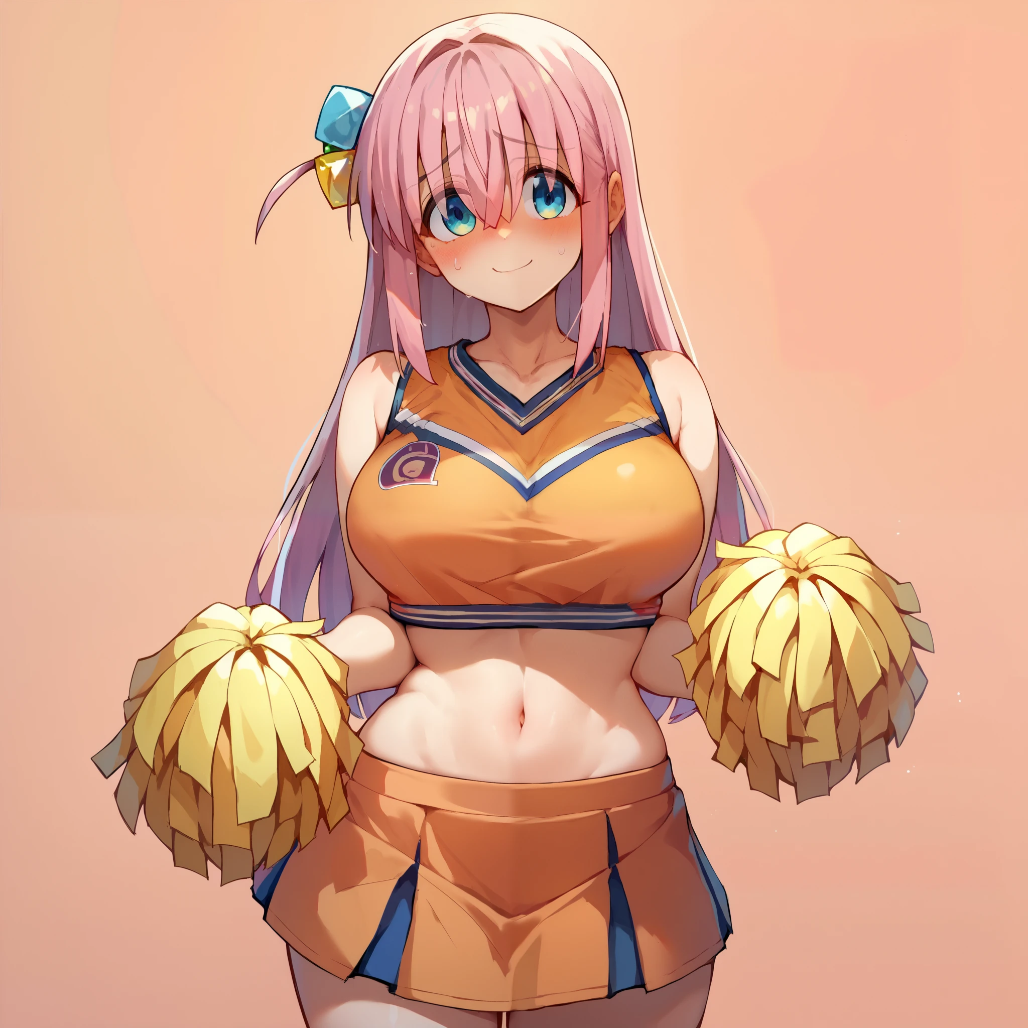 1girl, gotoh hitori, solo, big breasts, wide hips, thighs, cheerleader costume, blushed, shy smile, standing, looking at viewer, simple background, from the front view 