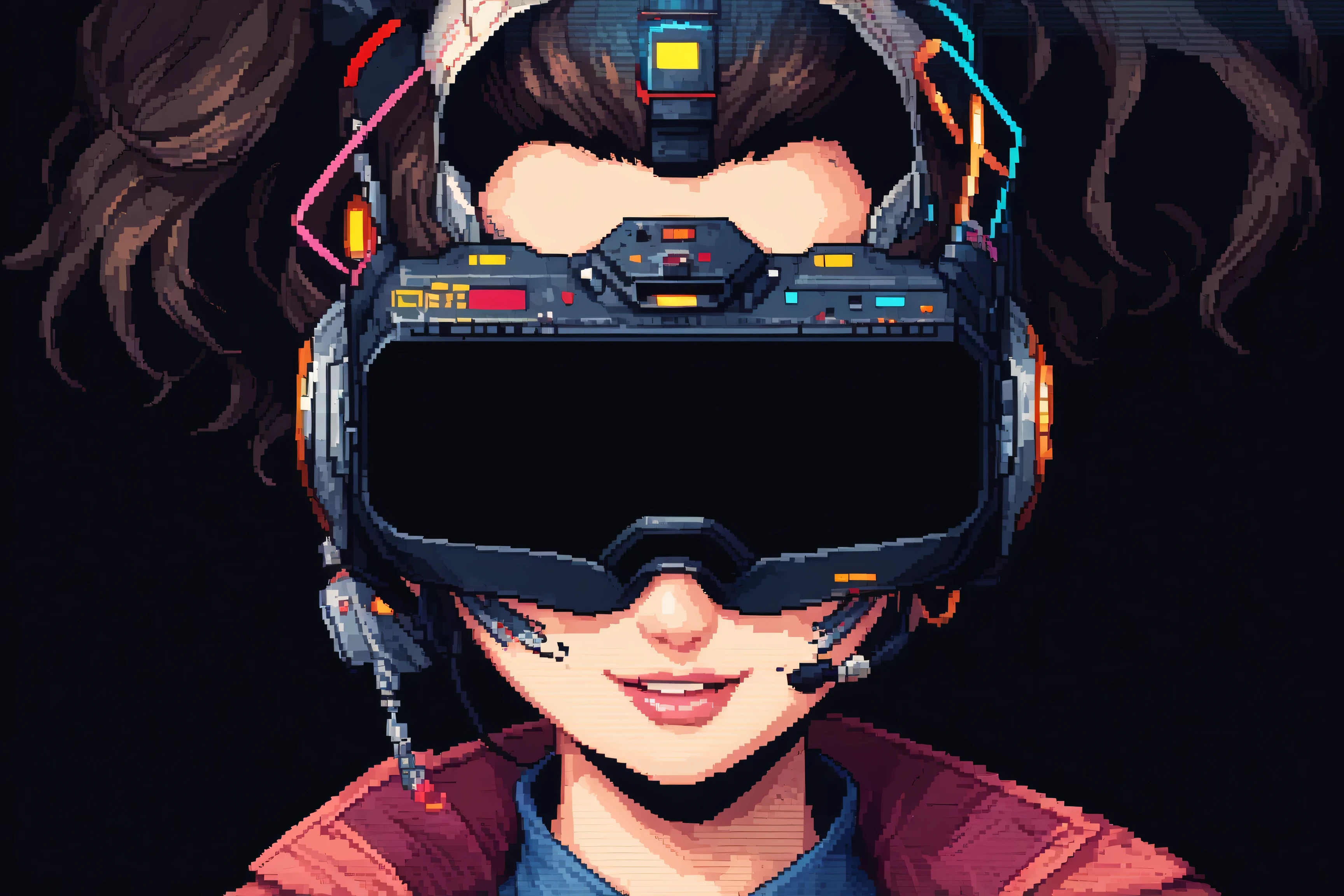 Place a frontal girl with a striking hairstyle and very technological cyberpunk style glasses with neon illuminated parts smiling and modern Tokyo outfit, Remove the letters written on the lens, change the colors and add neon lights, change the style of the glasses, change the generated hairstyle, change the clothes to a Tokyo style, zoom out the character by 20%, everything must have a pixel art style, put a background of another color to contrast your hair, The glasses must be augmented virtual reality, Apple Vision Pro