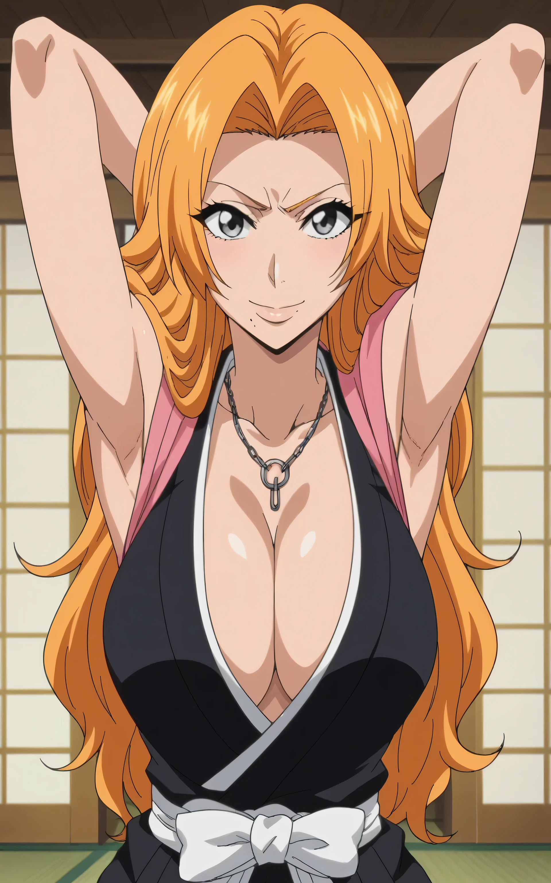 score_9, score_8_up, score_7_up, source_anime, anime screencap, 1girl, solo, rangiku matsumoto, long hair, grey eyes, orange hair, mole, mole under mouth, parted bangs, cleavage, jewelry, japanese clothes, kimono, necklace, black kimono, hakama, black hakama, sash, white sash, bare shoulders, bare arms, arms behind head, armpits, looking at viewer, head towards viewer, smile, badhandv4, indoors, closed mouth,