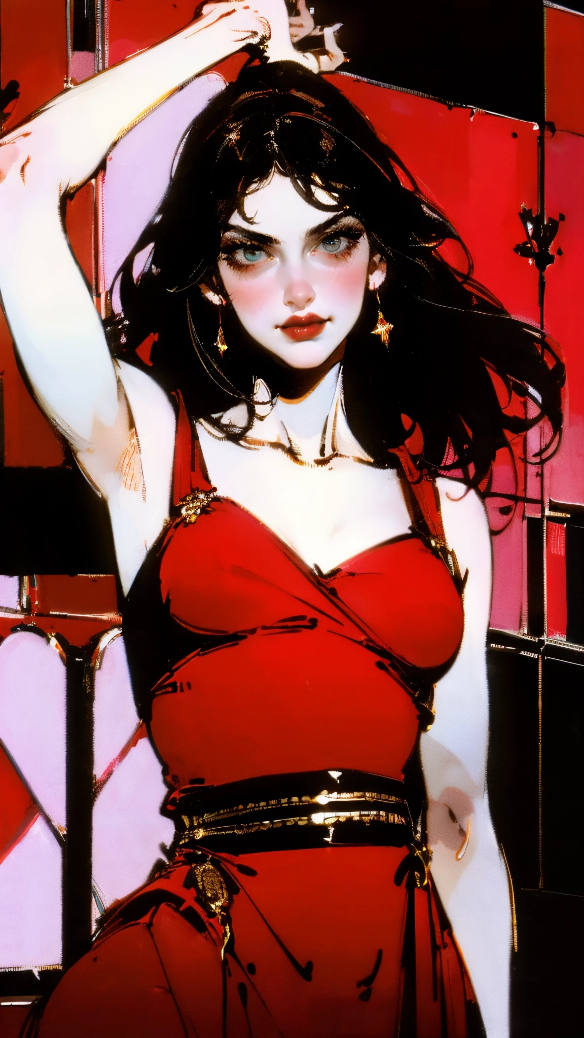 (masterpiece:1.2, best quality:1.2, extremely delicate:1.2), ((Alexandra Daddario:1.2)), a beautiful woman with medium-length black hair, flawless oval face, passionate gaze, sweet smile, perfect smille, blush, seductive expression, tall and graceful dancer's figure, perfect body, perfect skin, seductive action, a fantasy-realism style flamenco-inspired dress, flowing skirt, alternating red and black textures, the color scheme is primarily Red with Black accents, she gracefully performs her dance moves on the stage, this character embodies a finely crafted fantasy-realism style Flamenco dancer, exquisite and mature art style, goddess, feminine, exquisite photography, depth of field, bokeh, photorealistic, even and soft lighting on face, dramatic, high definition, highres, ultra-detailed, professional photo, perfect body proportions, anatomically correct, symmetrical face, extremely detailed eyes and face, perfect eyes, high quality eyes, creativity, RAW photo, UHD, 32k, portrait lighting, Natural light, cinematic lighting, (masterpiece-anatomy-perfect:1.2)