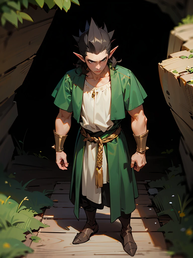 1male , Adult Male , Slick Back Hair , Messy Spiked Hair , Wavy Hair , Black Hair , Green Skin , Golden Eyes , Pointed Ears , Goblin , Standing on path , Detailed Cave Background , Wooden Crown , Peasant Combat Clothing , Muscular