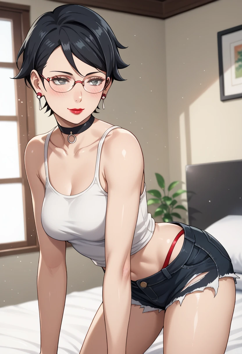 score_9,score_8_up,score_7_up,score_6_up,score_5_up,score_4_up BREAK skinny, medium breasts, shiny skin,bokeh,bloom,light particles, indoors, bedroom, 1girl, ((clear eyes)), Sarada Uchiha, (((black hair, short hair))), glasses, earrings, choker, ((dark eyes)), medium lips, red lipstick, black nails, mature female, ((perfect model body)), ((white tank, bare shoulders, deep neckline, torn jean shorts, red thong)), sexy smile, love view, hearts, blush, half closed eyes, erotic pose, posing, pumped up ass, dynamic angle