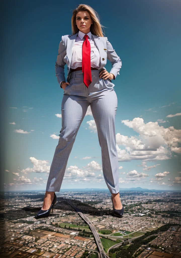  100 miles tall giantess stand upon a tiny planat, A sophisticated and stylish woman in a light grey italian pinstriped trousers suit, white shirt tucked neatly in trousers, and a blue paisley 10cm wide necktie in a windsor knot, tie length down to top of trousers, with a beautiful, curvaceous figure, massive breasts, and long blonde hair, with a curvaceous figure and massive breasts. wearing red rounded court shoes high heels with uncovered feet and standing, rampage-like pose, with a cityscape background of mega-city, urban sprawl, and small towns, partially obscured by a hazy, cloudy atmosphere. The image is a high-resolution, masterpiece-quality, cinematic, ultra-detailed, and hyper-photorealistic photograph, with perfect hands, face, and lighting. ultra-detailed, 8K, photo-realistic, hyper-realistic, masterpiece, intricate details, full body view. Looking at camera, The image is a high-resolution, masterpiece-quality, cinematic, ultra-detailed, and hyper-photorealistic photograph, with perfect hands, face, and lighting. ultra-detailed, 8K, photo-realistic, hyper-realistic, masterpiece, intricate details, full body view from below