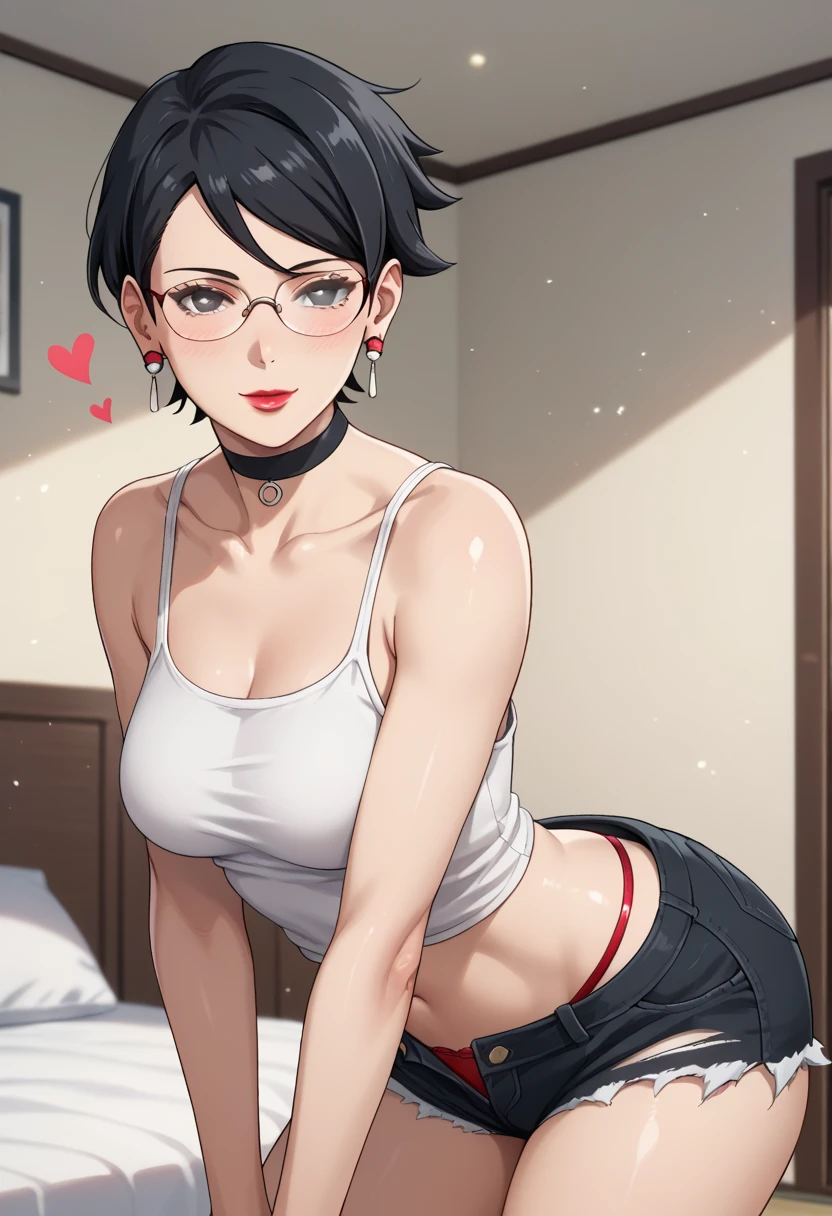 score_9,score_8_up,score_7_up,score_6_up,score_5_up,score_4_up BREAK skinny, medium breasts, shiny skin,bokeh,bloom,light particles, indoors, bedroom, 1girl, ((clear eyes)), Sarada Uchiha, (((black hair, short hair))), glasses, earrings, choker, ((black eyes, black eyes)), medium lips, red lipstick, black nails, mature female, ((perfect model body)), ((white tank, bare shoulders, deep neckline, torn jean shorts, red thong)), sexy smile, love view, hearts, blush, half closed eyes, erotic pose, posing, pumped up ass, dynamic angle