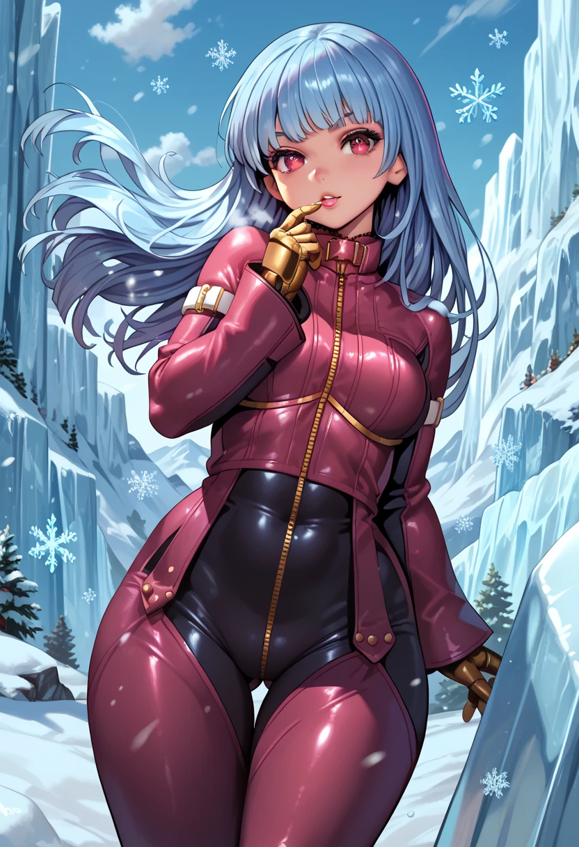 anime style, kula, 
wide hips, shiny skin, 
shiny hair, 
iceberg, snow, snowflakes, 
pottsness style