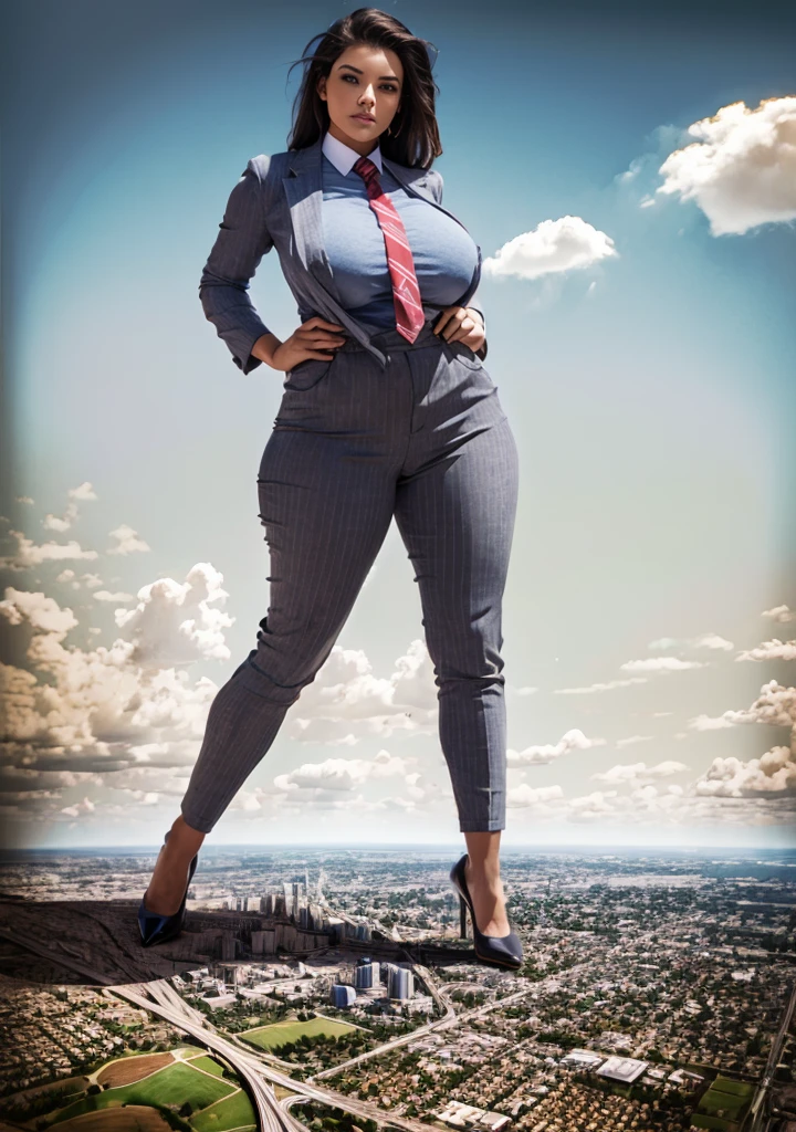  100 miles tall giantess stand upon a tiny planat, A sophisticated and stylish woman in a light grey italian pinstriped trousers suit, form fitting white shirt tucked neatly in trousers, and a blue paisley 10cm wide necktie in a windsor knot, tie length down to top of trousers, with a beautiful, curvaceous figure, massive breasts, and long blonde hair, with a curvaceous figure and massive breasts. wearing red rounded court shoes high heels with uncovered feet and standing, rampage-like pose, with a cityscape background of mega-city, urban sprawl, and small towns, partially obscured by a hazy, cloudy atmosphere. The image is a high-resolution, masterpiece-quality, cinematic, ultra-detailed, and hyper-photorealistic photograph, with perfect hands, face, and lighting. ultra-detailed, 8K, photo-realistic, hyper-realistic, masterpiece, intricate details, full body view. Looking at camera, The image is a high-resolution, masterpiece-quality, cinematic, ultra-detailed, and hyper-photorealistic photograph, with perfect hands, face, and lighting. ultra-detailed, 8K, photo-realistic, hyper-realistic, masterpiece, intricate details, full body view from below