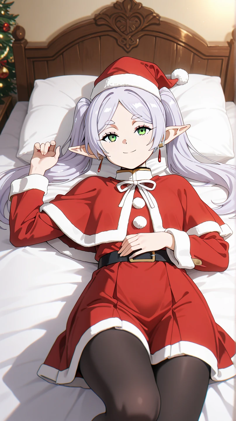 (masterpiece), best quality, absurdres, very aesthetic, looking at the viewer, nice hands, 1 girl,zzFrieren, long hair, smile, twintails, green eyes, grey hair, pointy ears, elf, zzFrieren, long hair, twintails, green eyes, grey hair, pointy ears, elf, shirt, long sleeves, jewelry, earrings, red capelet santa , christmas, red santa hat, santa costume, room decoration, christmas decorated room, pose in bed, lying on back, sensual bed pose, looking up,red skirt, black pantyhose,