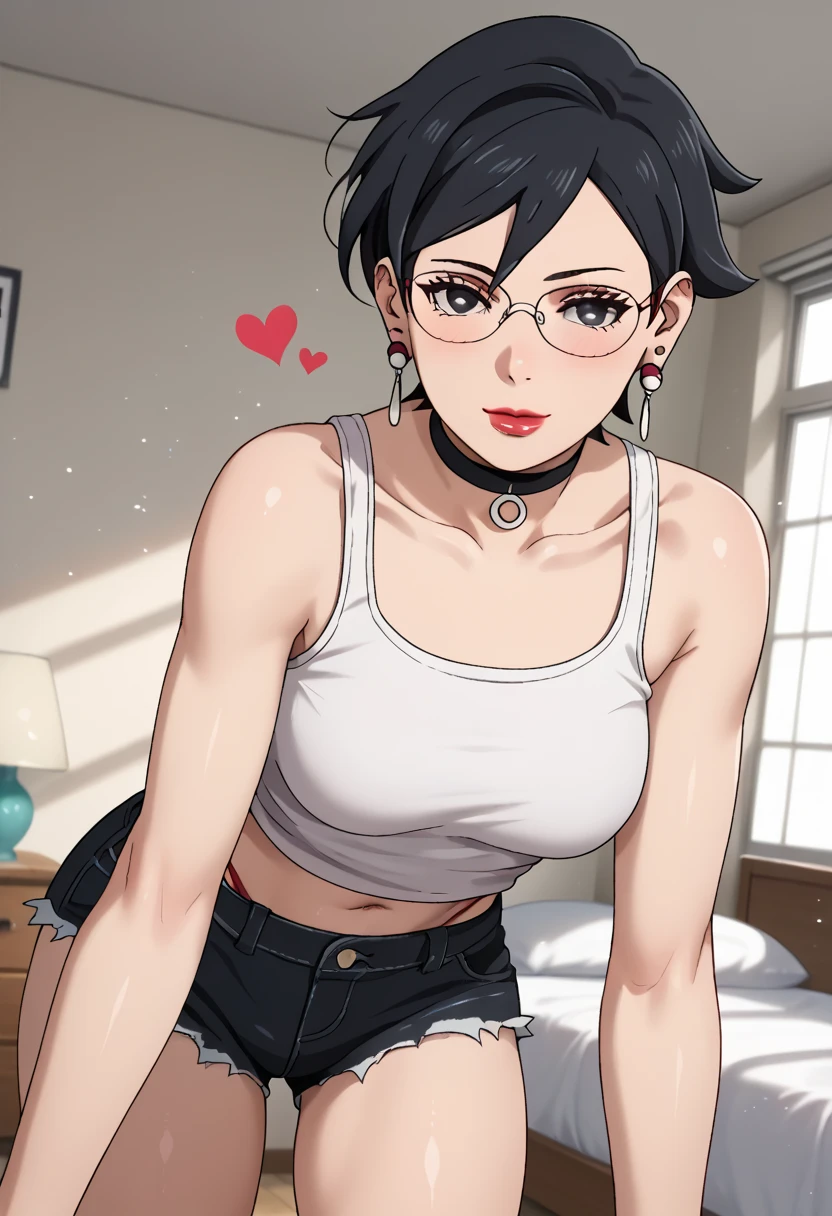 score_9,score_8_up,score_7_up,score_6_up,score_5_up,score_4_up BREAK skinny, medium breasts, shiny skin,bokeh,bloom,light particles, indoors, bedroom, 1girl, ((clear eyes)), Sarada Uchiha, (((black hair, short hair))), glasses, earrings, choker, ((black eyes, black eyes)), medium lips, red lipstick, black nails, mature female, ((perfect model body)), ((white tank, bare shoulders, deep neckline, torn jean shorts, red thong)), sexy smile, love view, hearts, blush, half closed eyes, erotic pose, posing, pumped up ass, dynamic angle