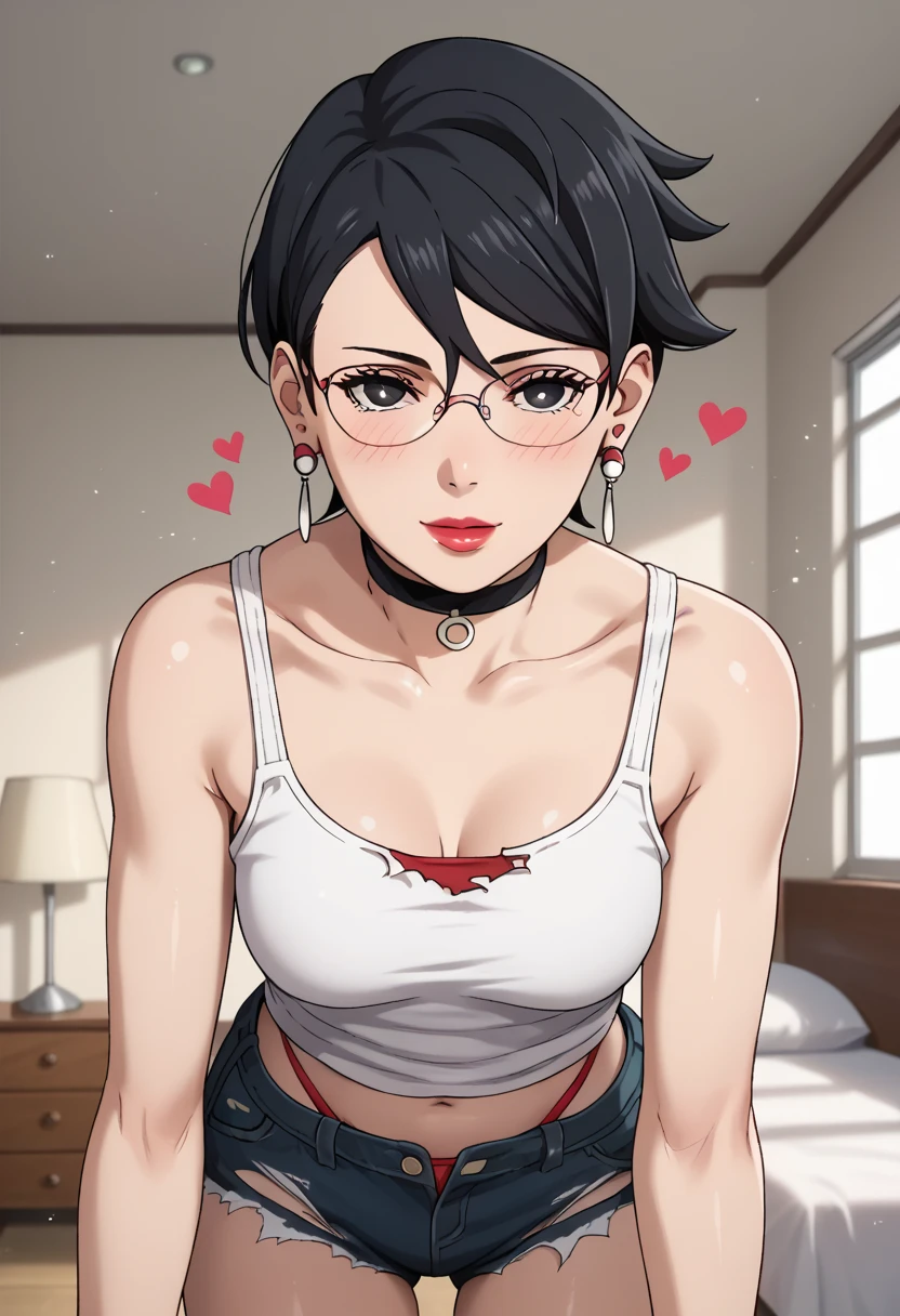 score_9,score_8_up,score_7_up,score_6_up,score_5_up,score_4_up BREAK skinny, medium breasts, shiny skin,bokeh,bloom,light particles, indoors, bedroom, 1girl, ((clear eyes)), Sarada Uchiha, (((black hair, short hair))), glasses, earrings, choker, ((black eyes, black eyes)), medium lips, red lipstick, black nails, mature female, ((perfect model body)), ((white tank, bare shoulders, deep neckline, torn jean shorts, red thong)), sexy smile, love view, hearts, blush, half closed eyes, erotic pose, posing, pumped up ass, dynamic angle