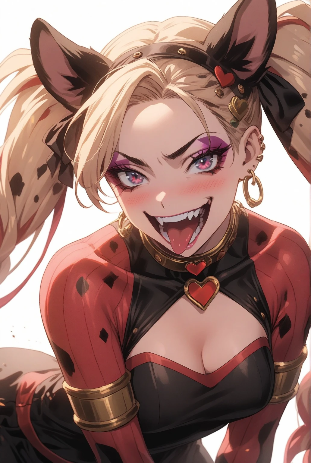 Harley Quinn (crazy make up, sexy small outfit, guns, pet hyenas), is posing crazy and sexy (blowing kisses) near her Joker themed throne in a 'Fun House of Death'