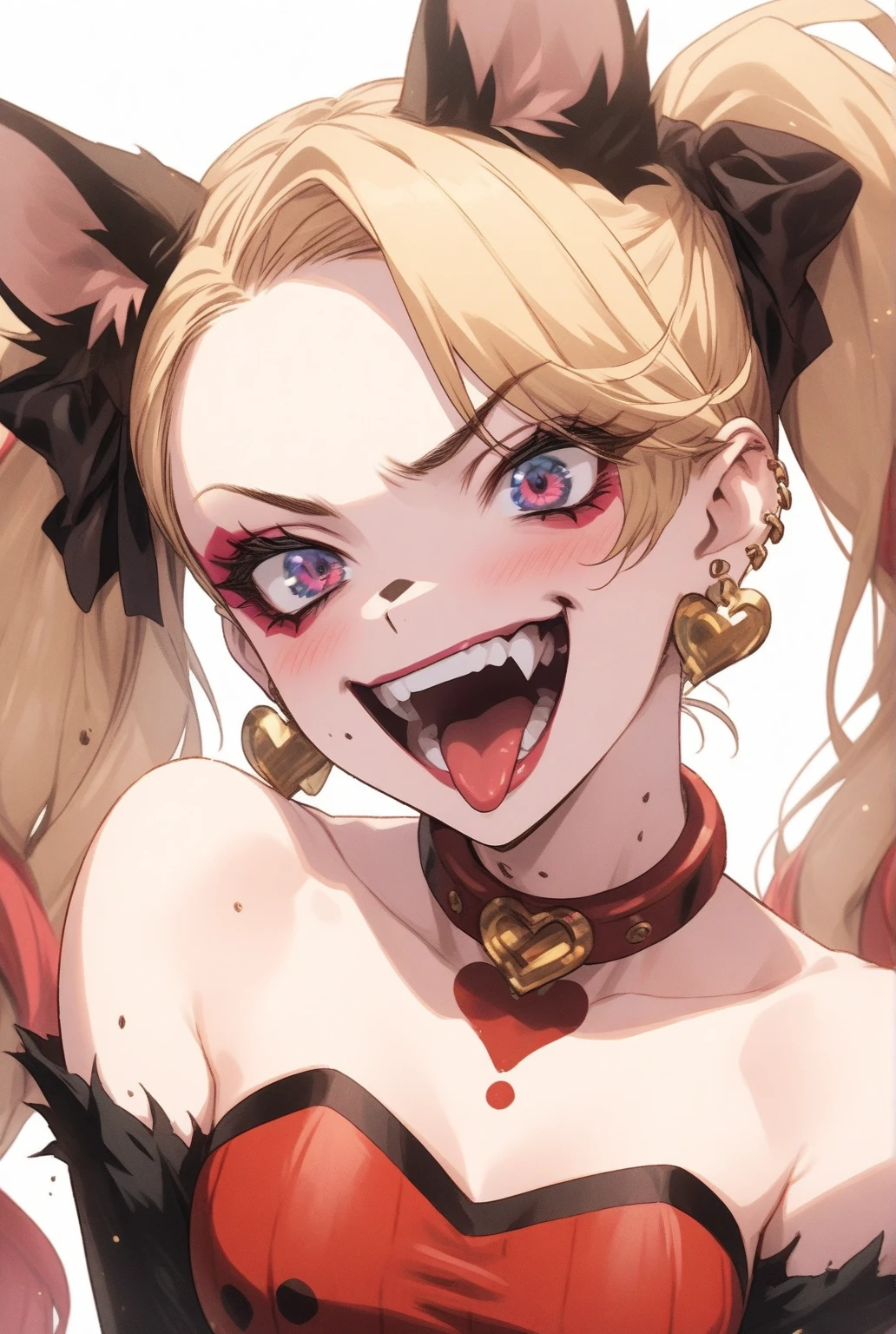 (luxurious off-shoulder kimono), female, (blonde hair), fox ears, (large breasts), (long hair), (elegant hair), blonde hair, (red eyeshadow), hourglass body, 1girl,heart-shaped pupils, fingernails, hands on own face,blonde hair,looking at viewer,(blush:1.1),choker,upper body,trembling,sweat,sweatdrop,heart,(speed lines:1.1),((heavy breathing:1.3)), love, heart, happy, smile, (in heat), heart-shaped pupils, (horny), seductive, outdoors, traditional japanese, cherry blossoms, (cleavage), very aroused, ((dark skin)), gyaru, detailed hands, detailed fingers,