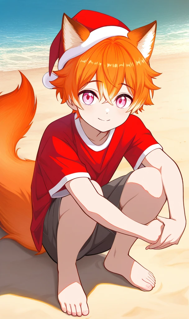 1boy,Pink Eyes, Fox Ears,orange hair,white ends of hair,muliticolored hair,looking at viewer,cute boy,red shirt,living room background,sand,Anime, Anime Style,13year old boy, full body,wolf tail,black tip on tail,sitting or crouching, santa hat, chrismas setting,chrismas tree,chrismas lights,colorful chrismas lights