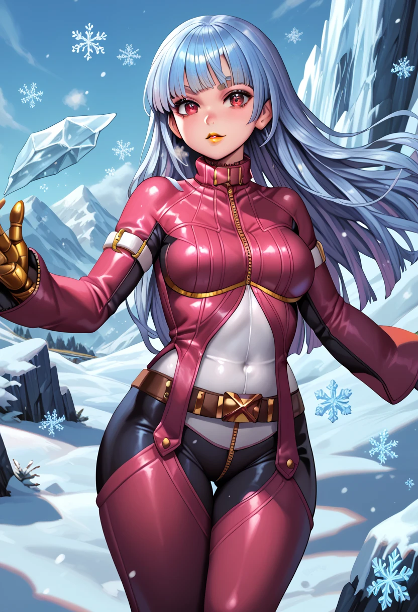 yellow lipstick, anime style, kula, 
wide hips, shiny skin, 
shiny hair, 
iceberg, snow, snowflakes, 
pottsness style