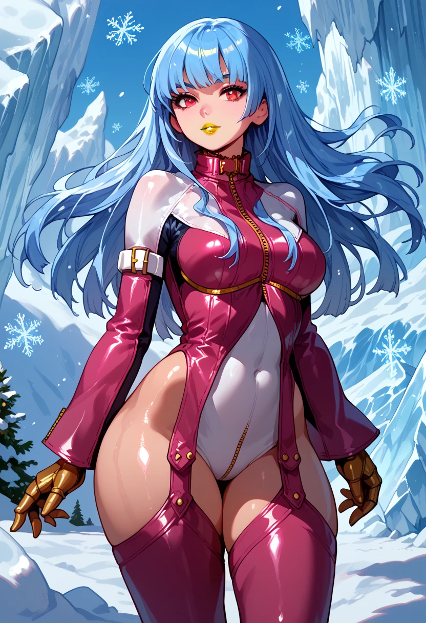 yellow lipstick, anime style, kula, 
wide hips, shiny skin, 
shiny hair, 
iceberg, snow, snowflakes, 
